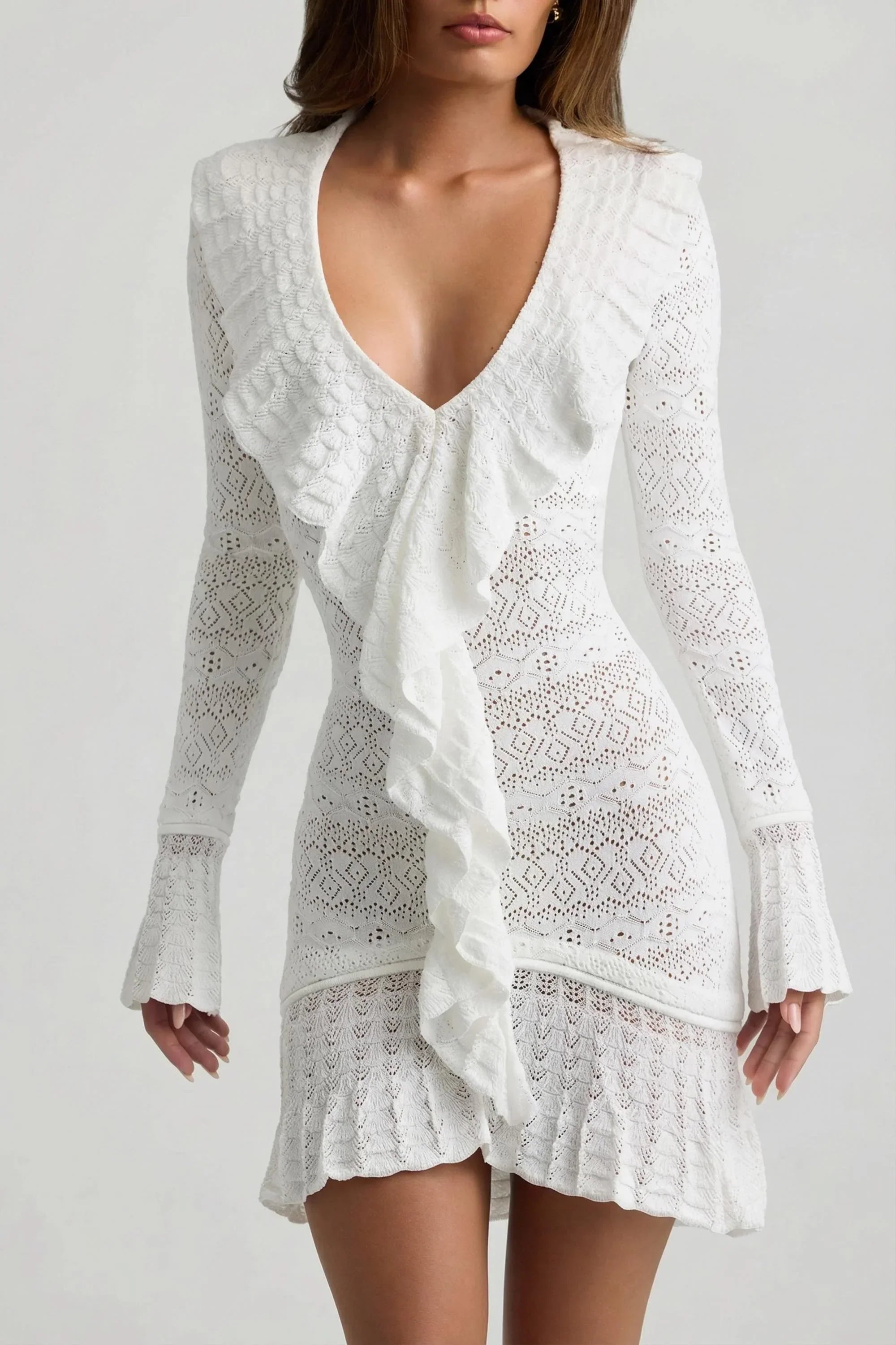 Ruffle Trim Pointelle Knit Mini Dress in White