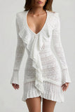 Ruffle Trim Pointelle Knit Mini Dress in White