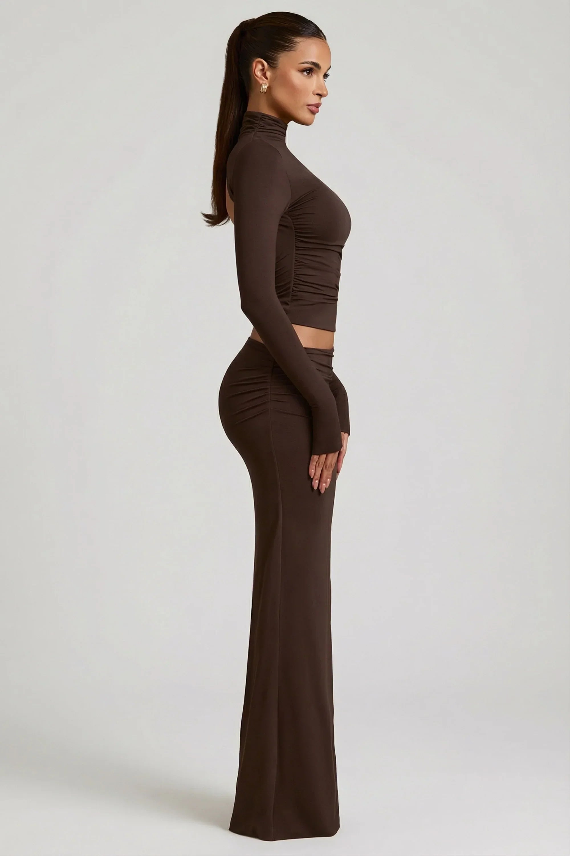 Modal Asymmetric Waist Maxi Skirt in Chocolate Brown