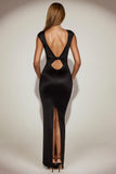 Satin Boat Neck Twist Back Maxi Dress in Black