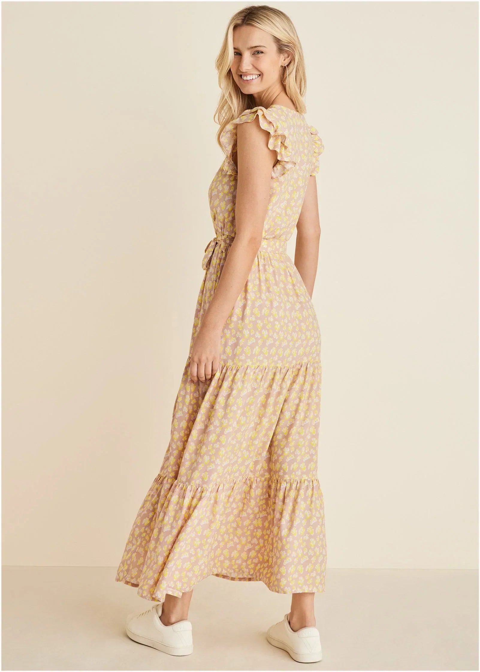 Flutter Sleeve Maxi Dress Peach White