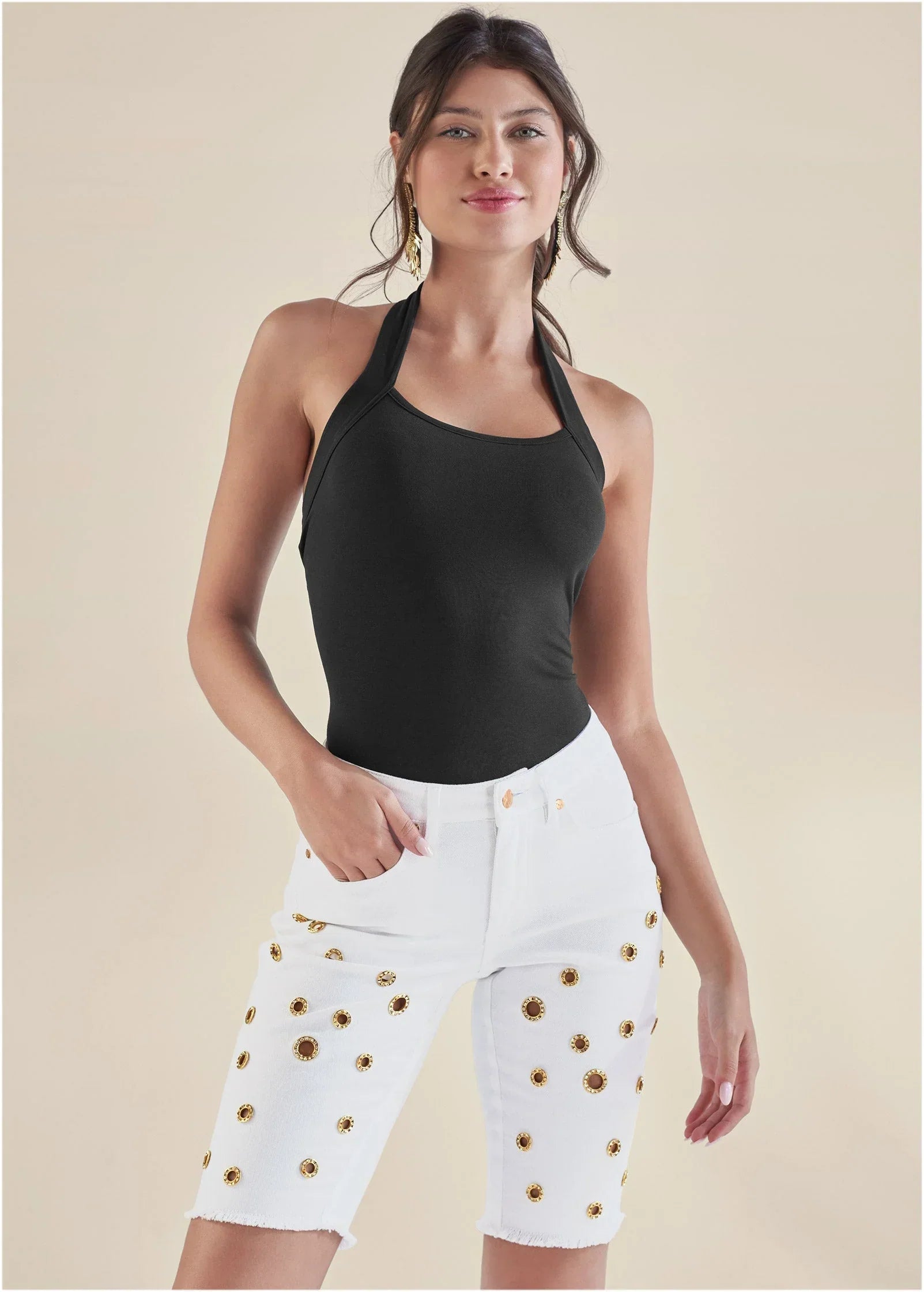 Grommet Detail Shorts White Denim
