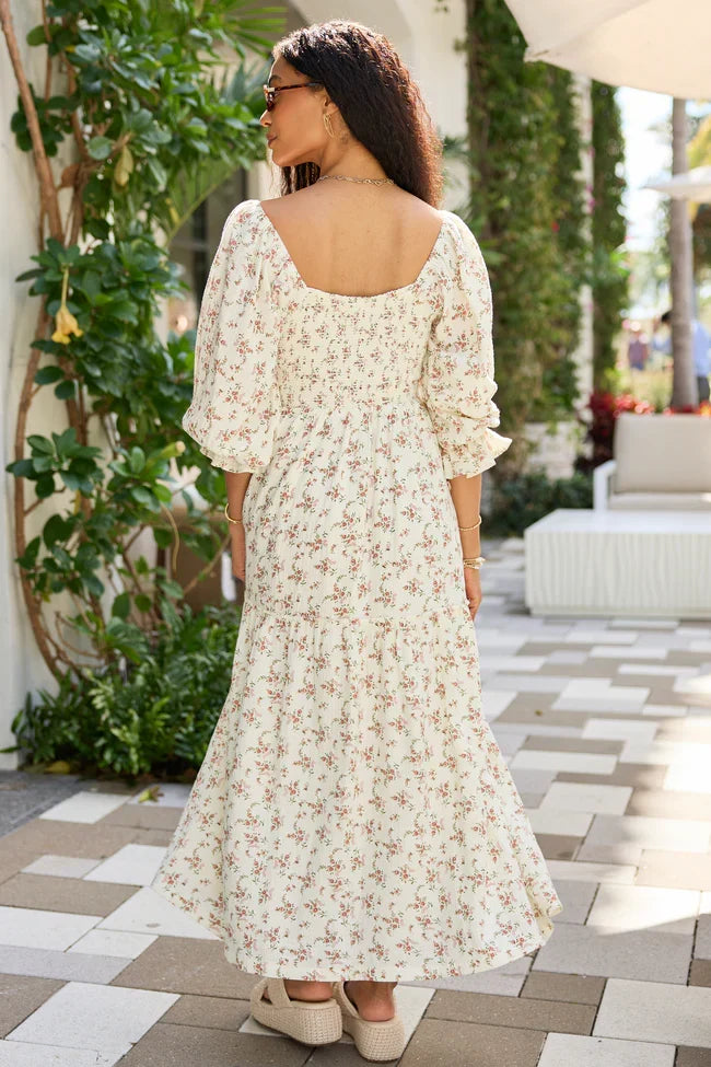 Thalia Neutral Floral Smocked Top Dress SALE