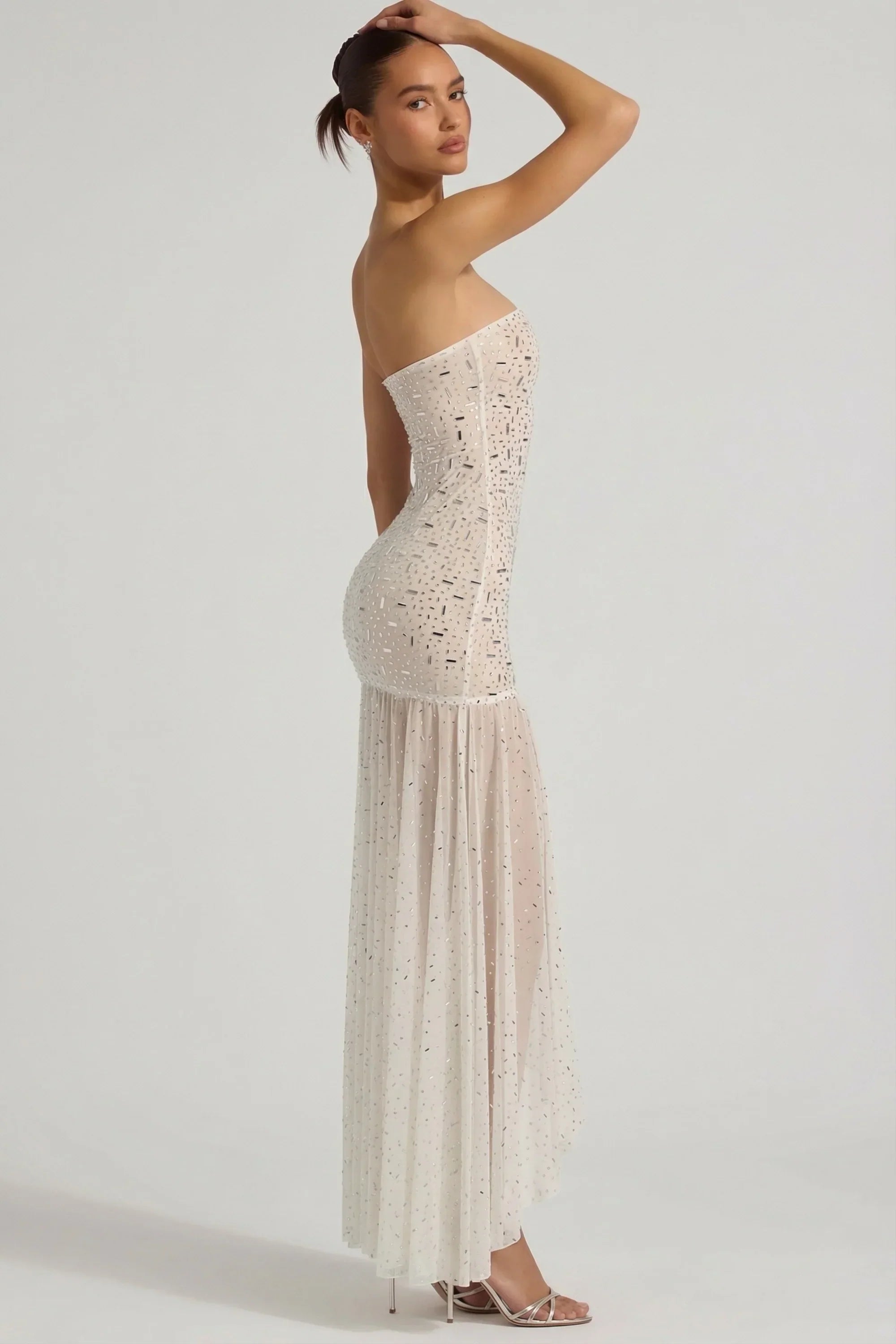 Semi Sheer Embellished Asymmetric Maxi Dress in White