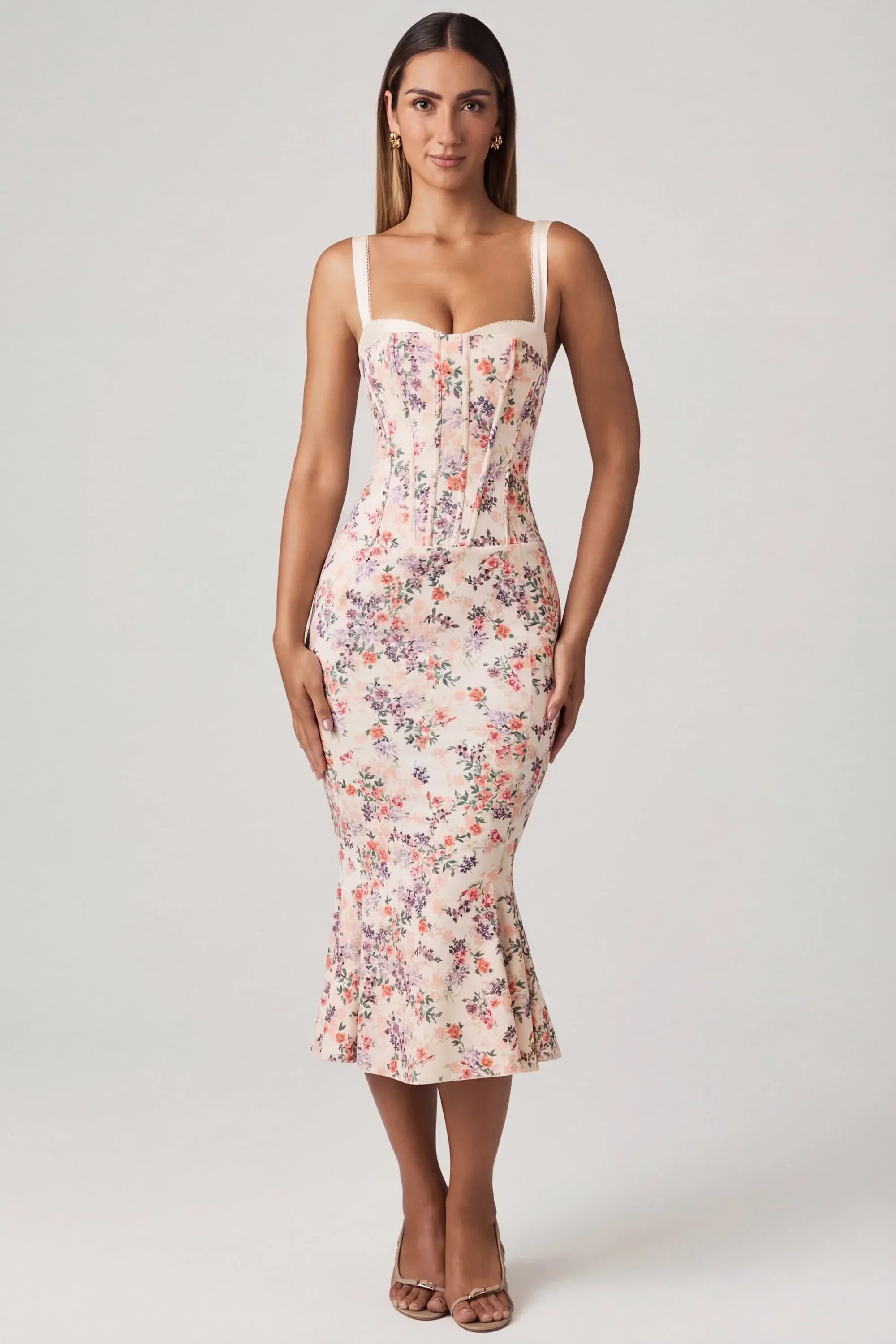 Layered Bra Detail Fishtail Midaxi Dress in Primrose Floral Print