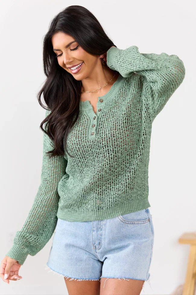 Lotus Long Sleeve Sage Open Knit Henley Sweater SALE