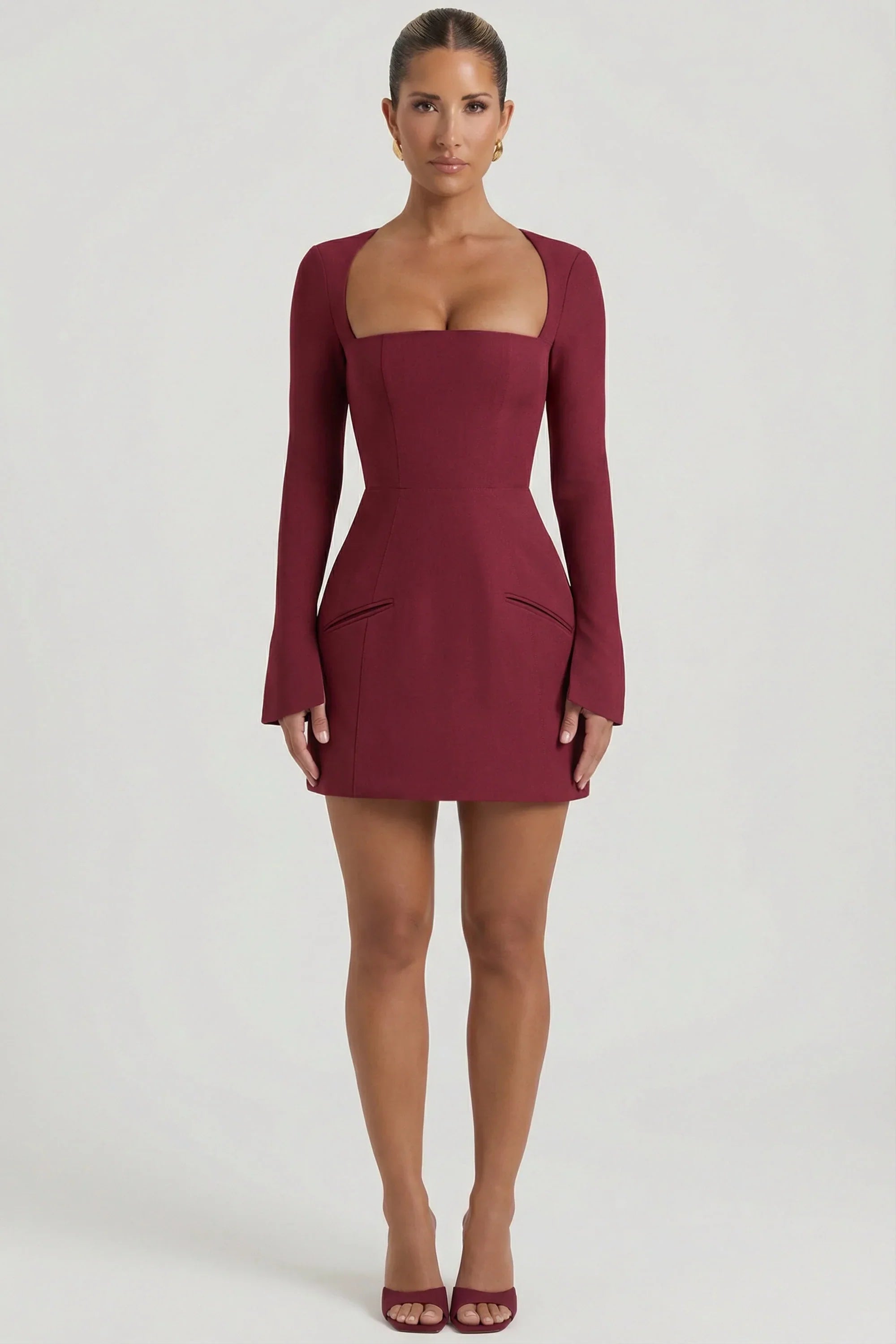 Square Neck Structured Tulip Mini Dress in Wine Red