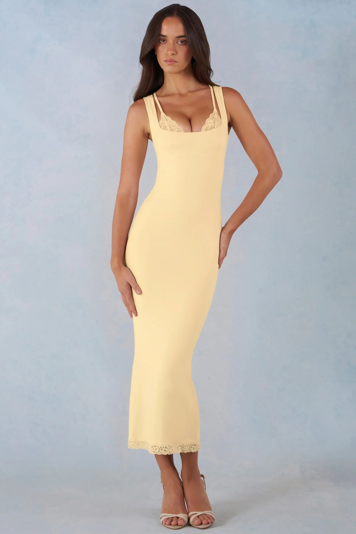 Modal Lace Trim Midaxi Dress in Butter Yellow