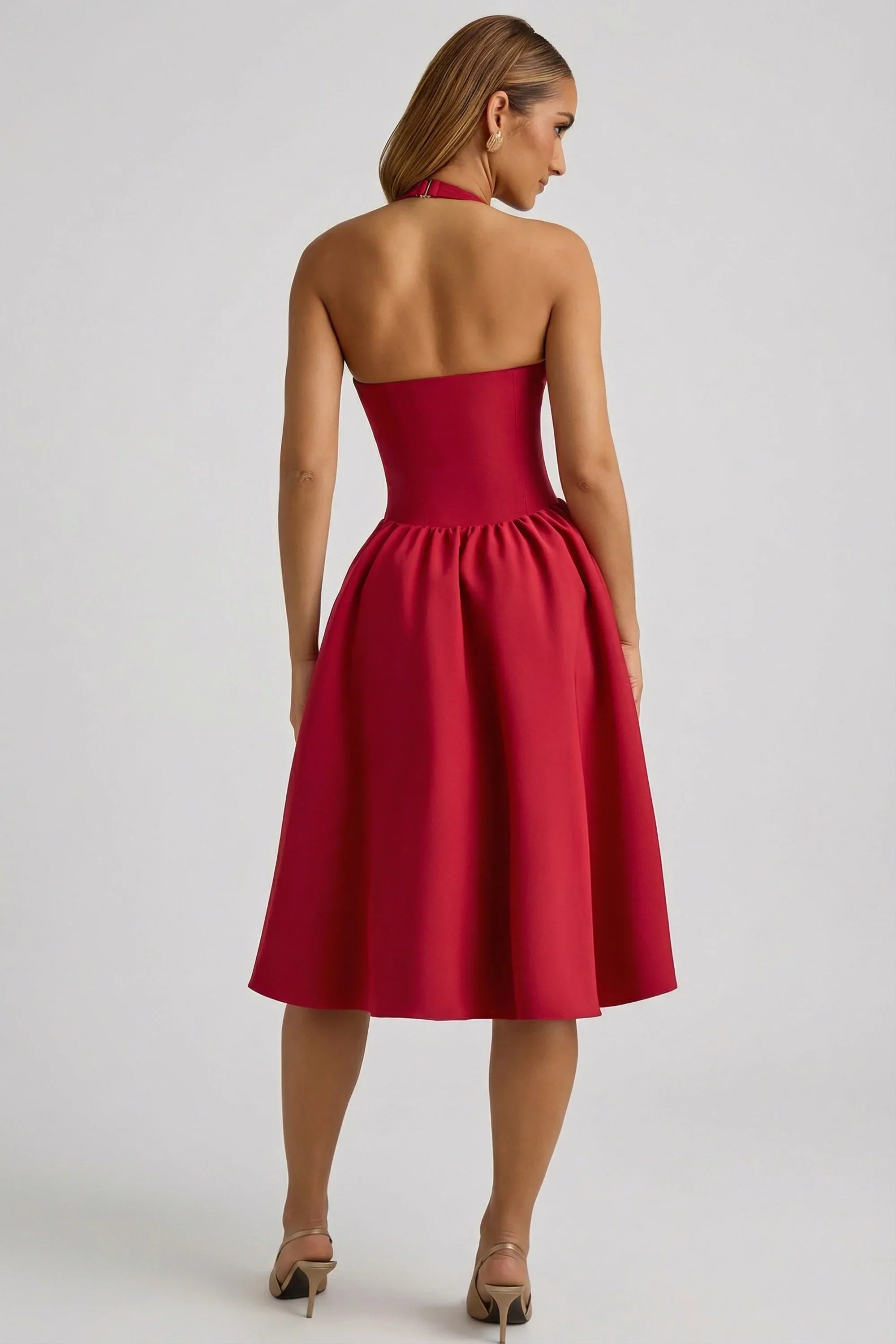 Halterneck Bow Detail Midi Dress in True Red