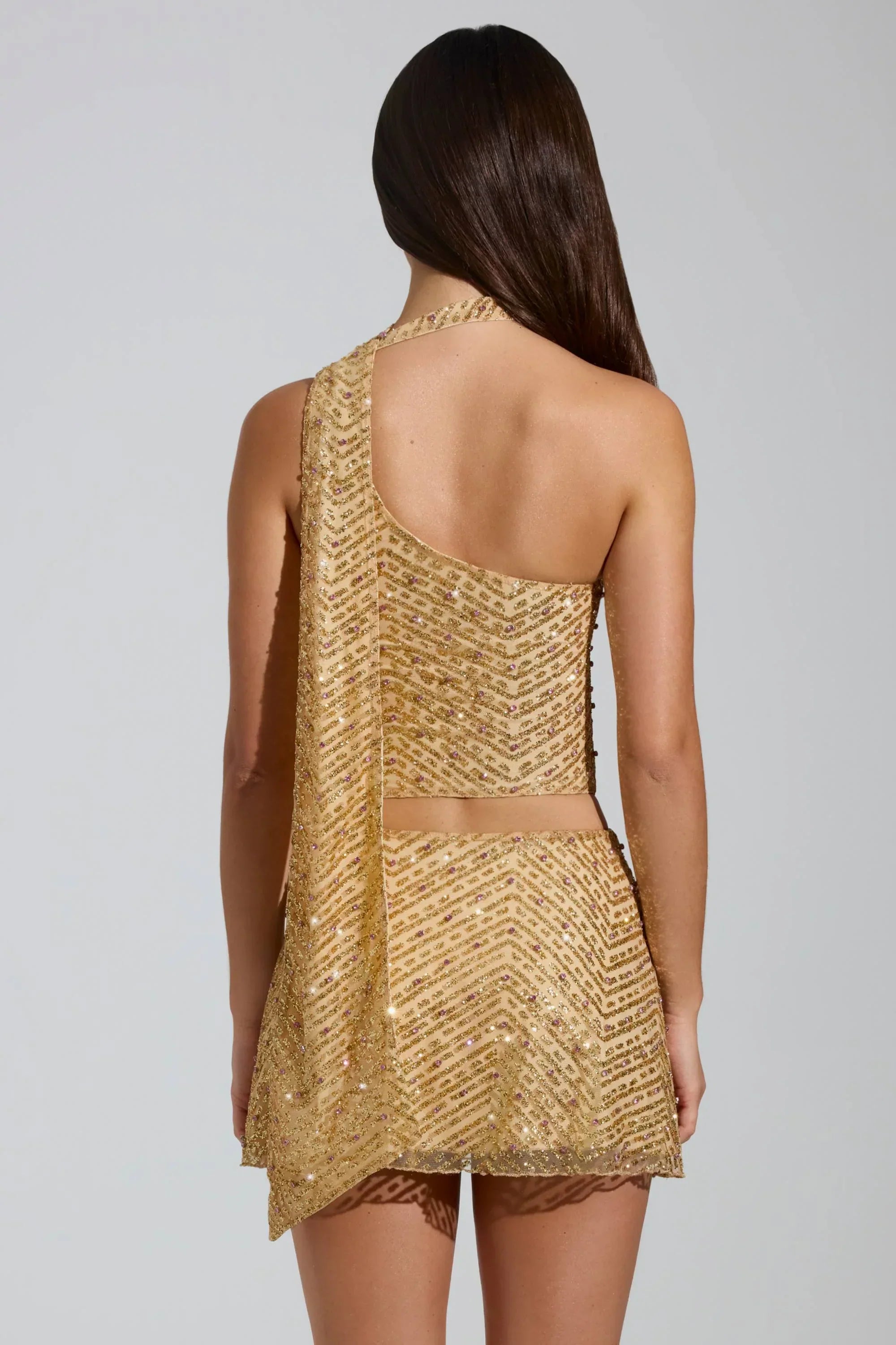 Embellished Asymmetric Scarf Detail Top in Gold
