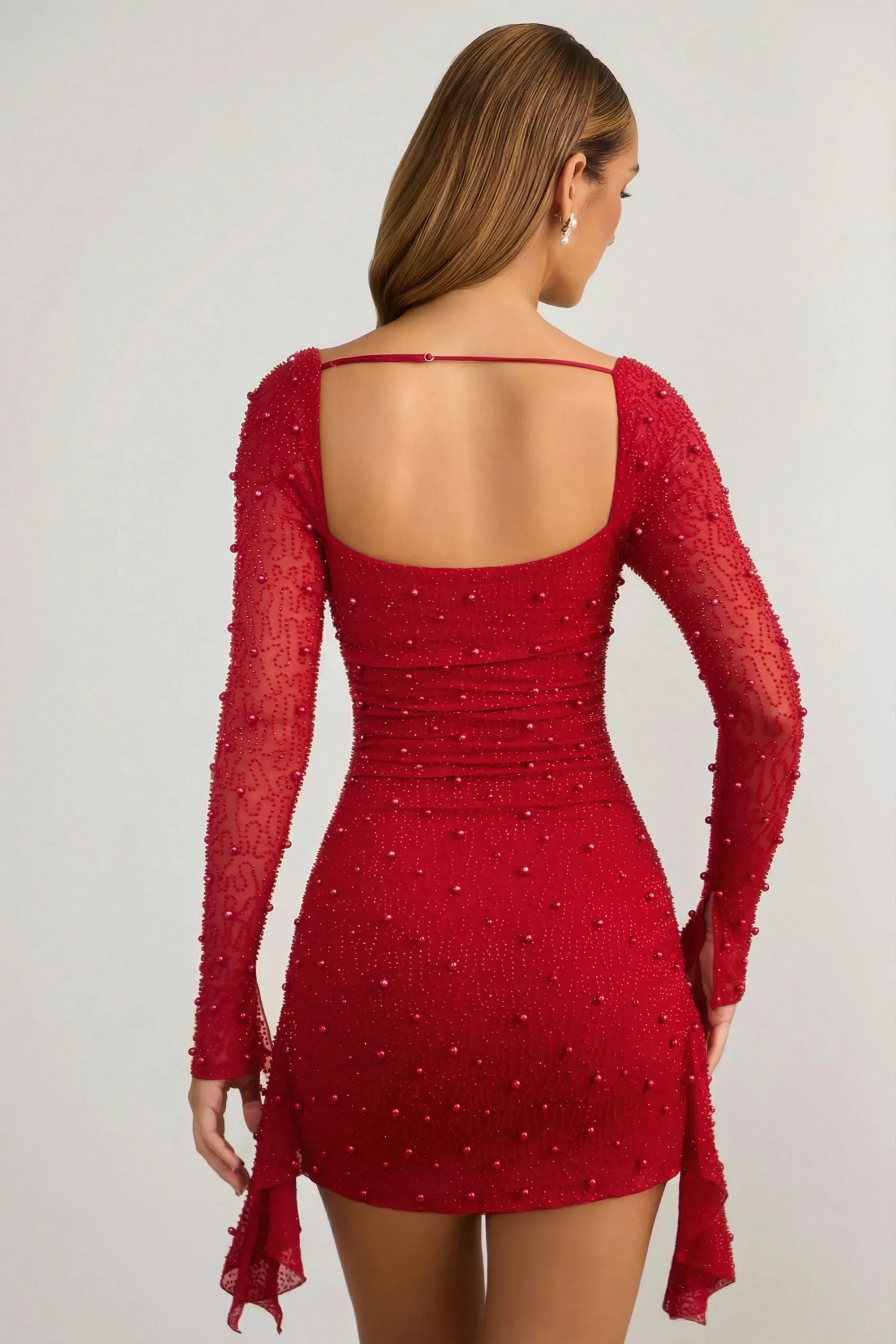 Embellished Cowl Neck Draped Mini Dress in True Red