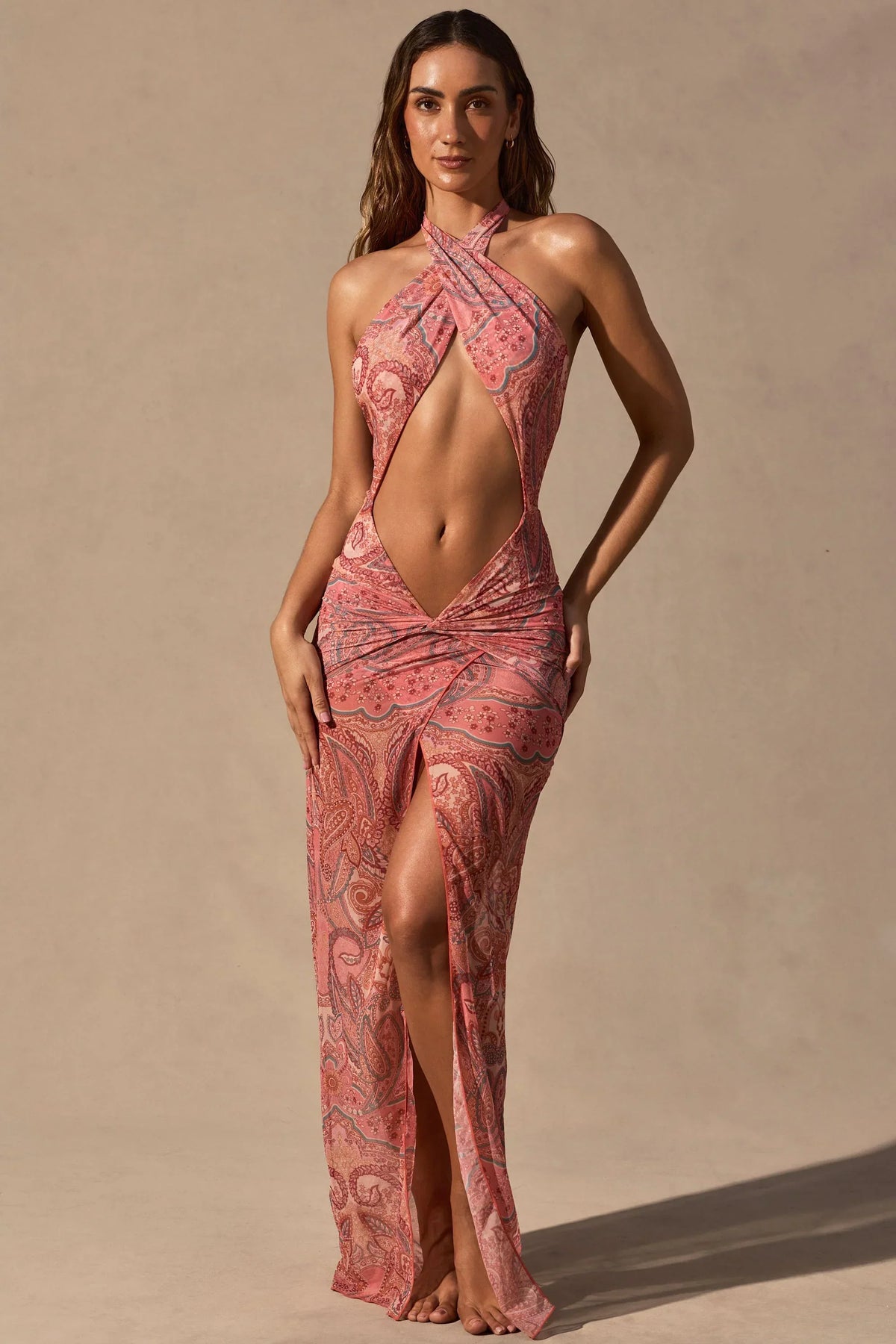 Cut Out Halterneck Maxi Dress in Paisley Print