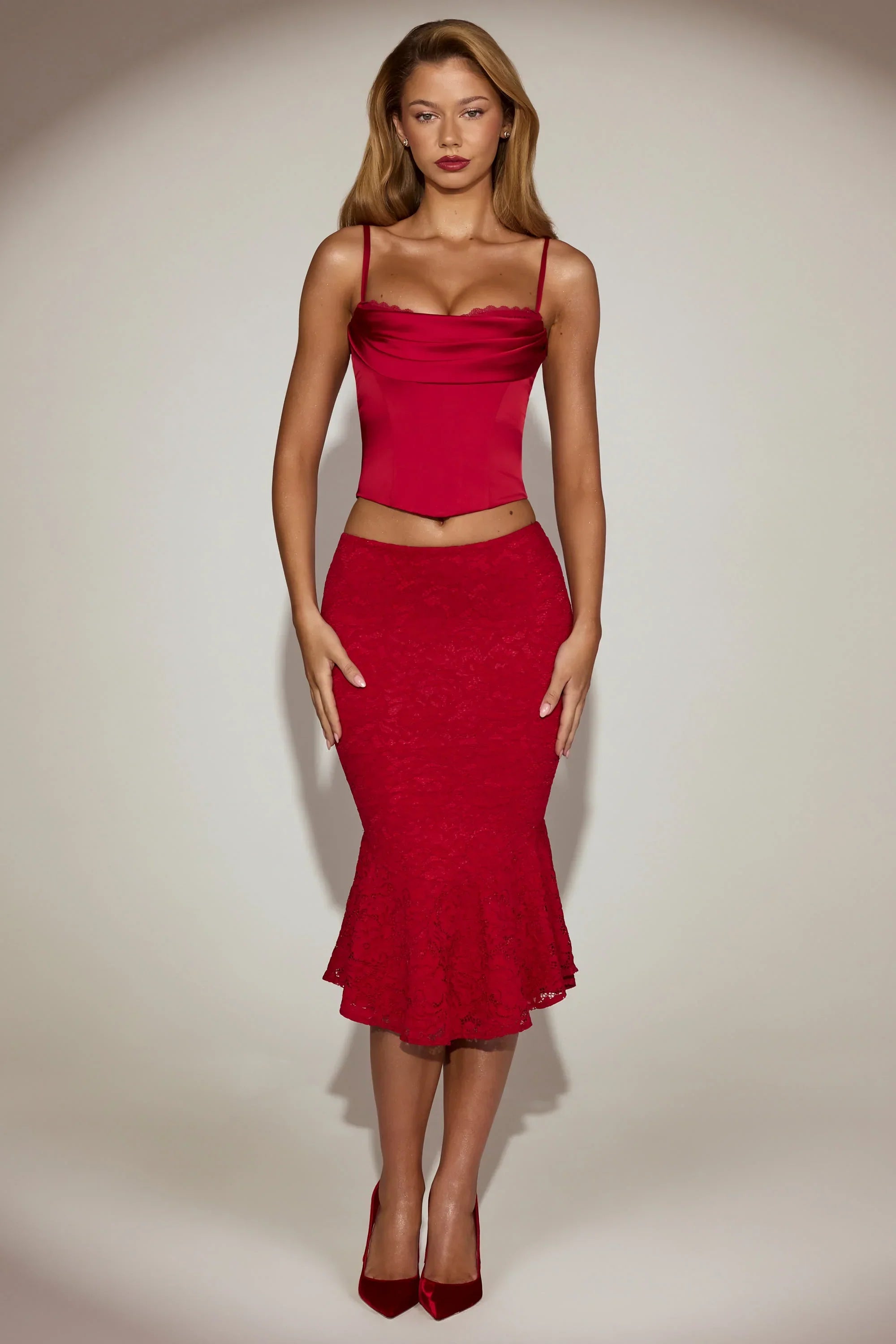 Satin Cowl Neck Lace Up Corset Top in True Red