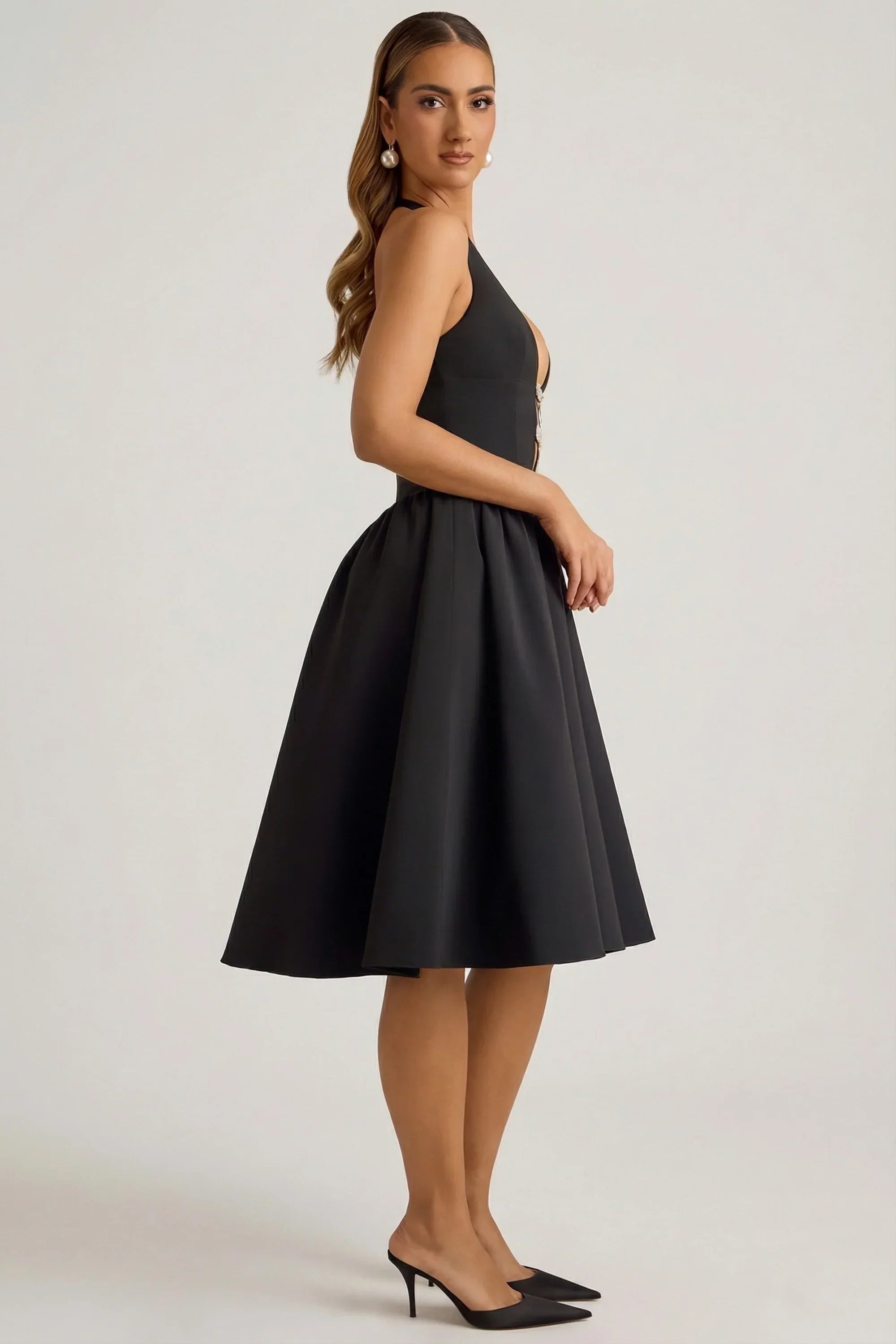 Halterneck Bow Detail Midi Dress in Black