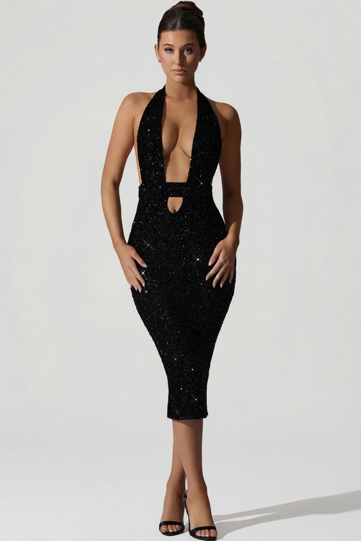 Embellished Cut Out Open Back Midaxi Dress in Black