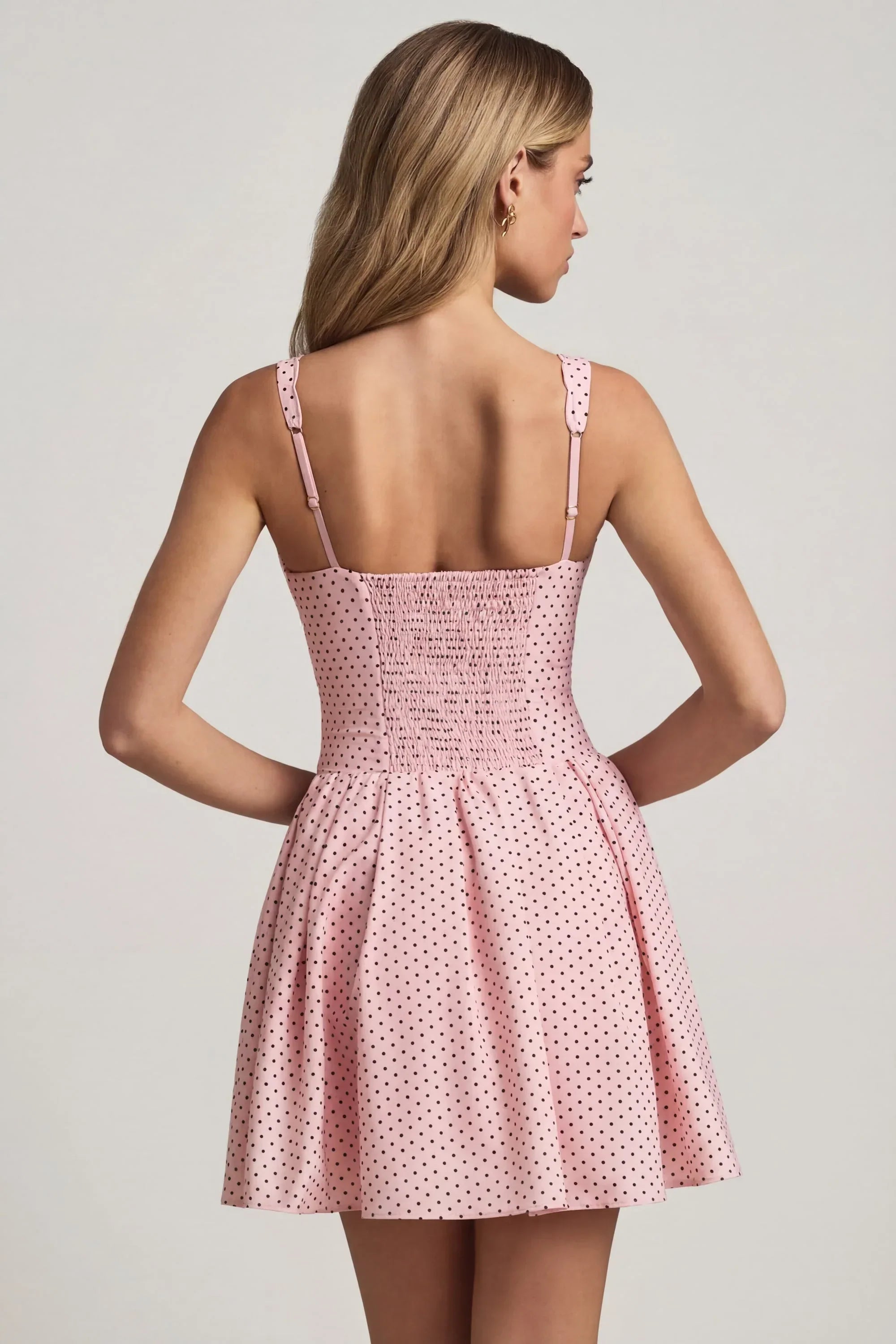 Bow Detail A Line Mini Dress in Pink Polka Dot