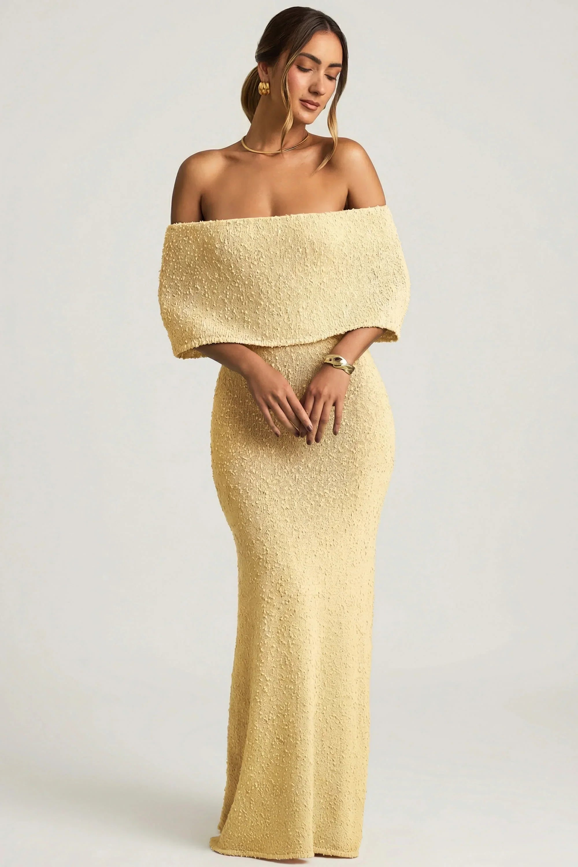 Bouclé Off Shoulder Maxi Dress in Yellow