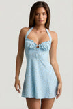 Halterneck A Line Mini Dress in Blue Flower Print