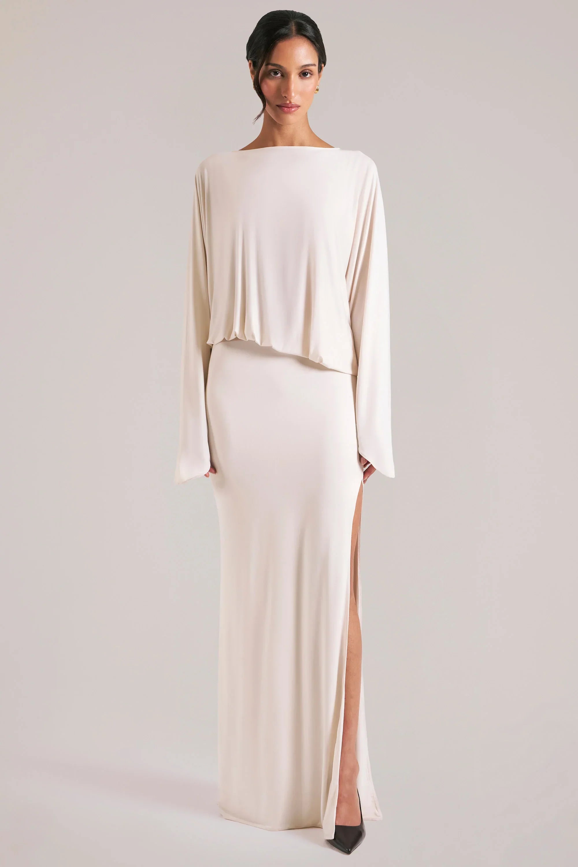 Long Sleeve Draped Maxi Dress in Vanilla