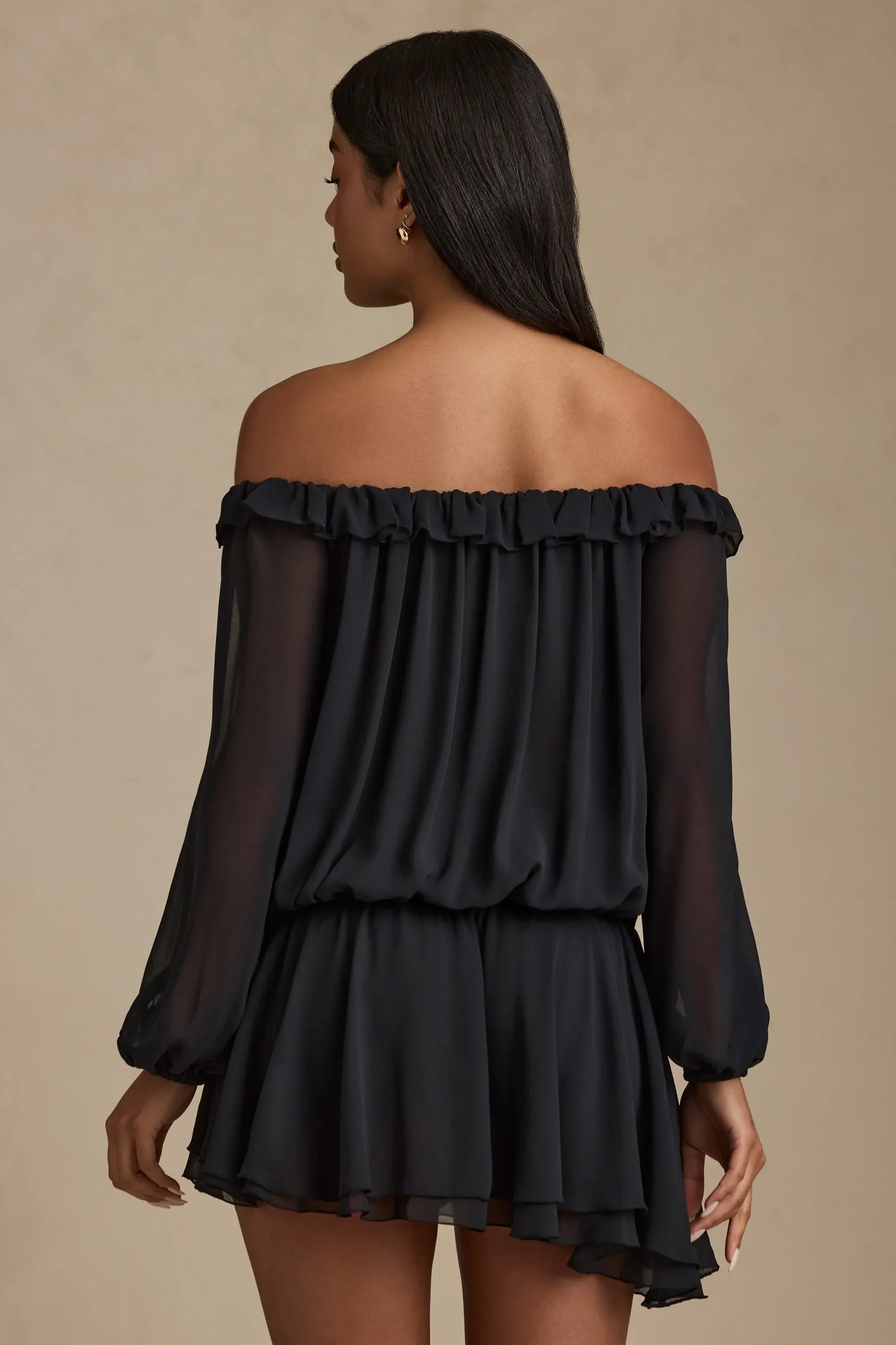Off Shoulder Asymmetric Balloon Sleeve Mini Dress in Black