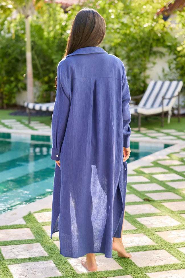 Chance Of Sunshine Navy Maxi Button Up Coverup