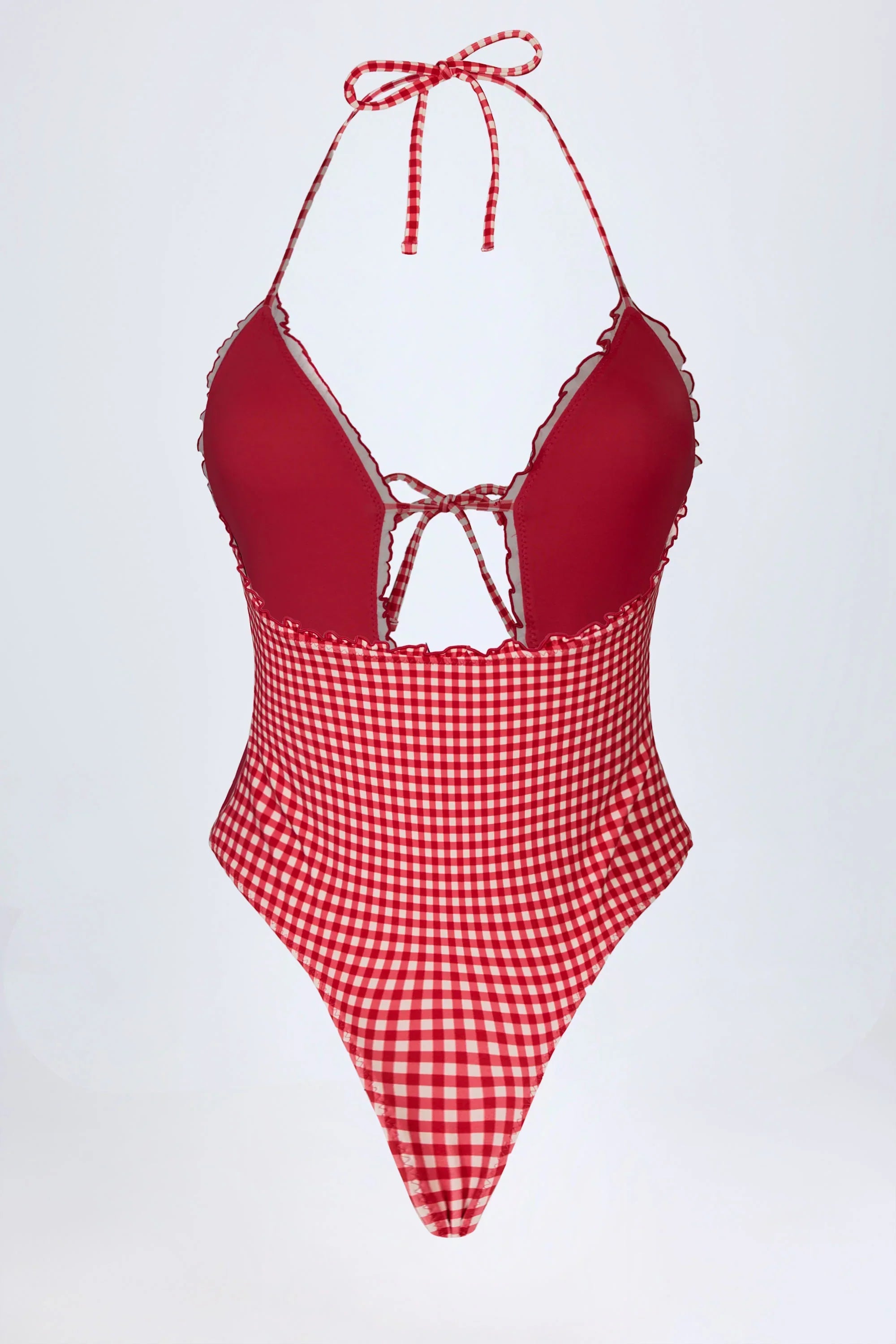 Ruffled Cut Out Halterneck Swimsuit in Red Gingham