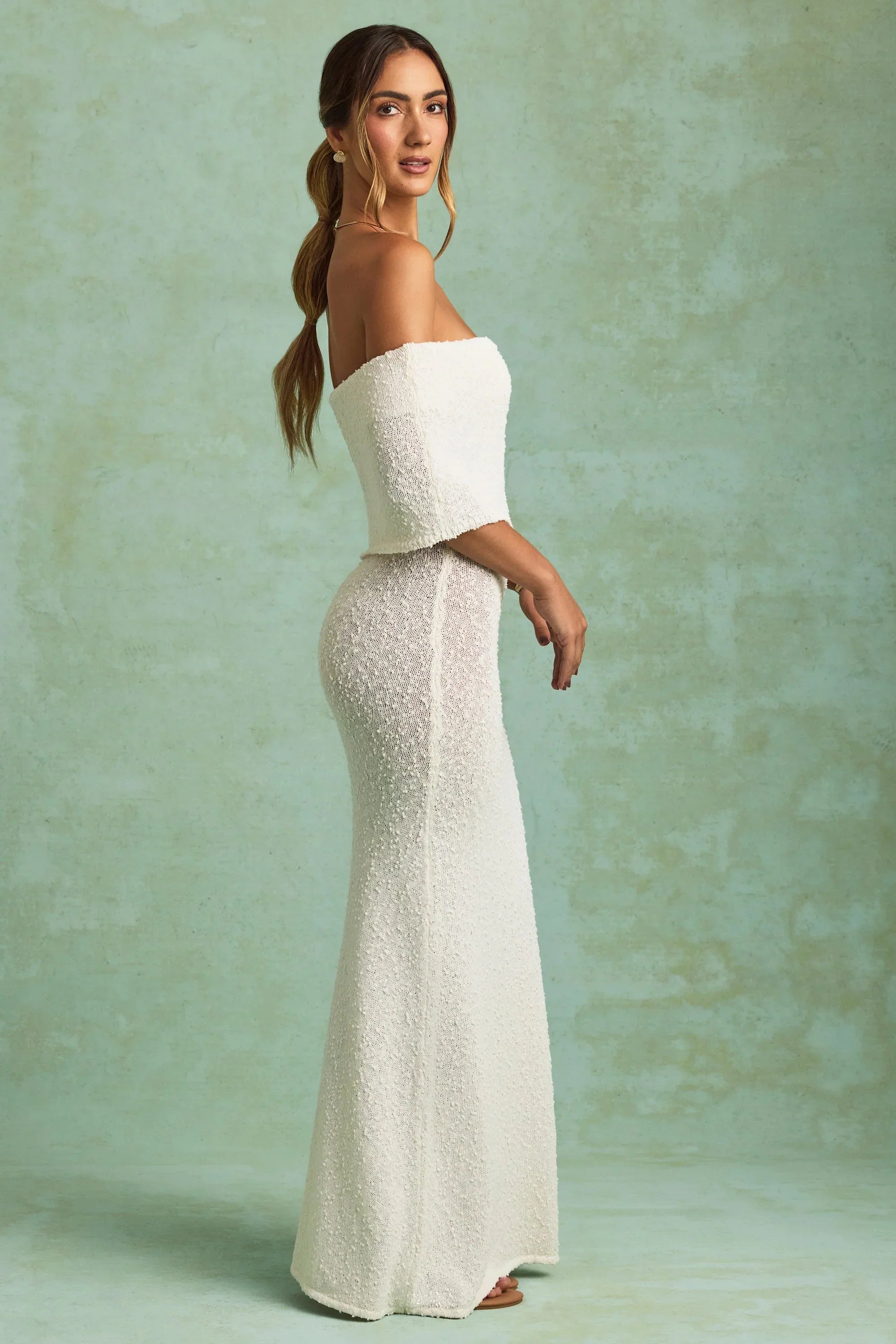 Bouclé Off Shoulder Maxi Dress in White
