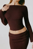 Ribbed Knit Slash Neck Top in Espresso