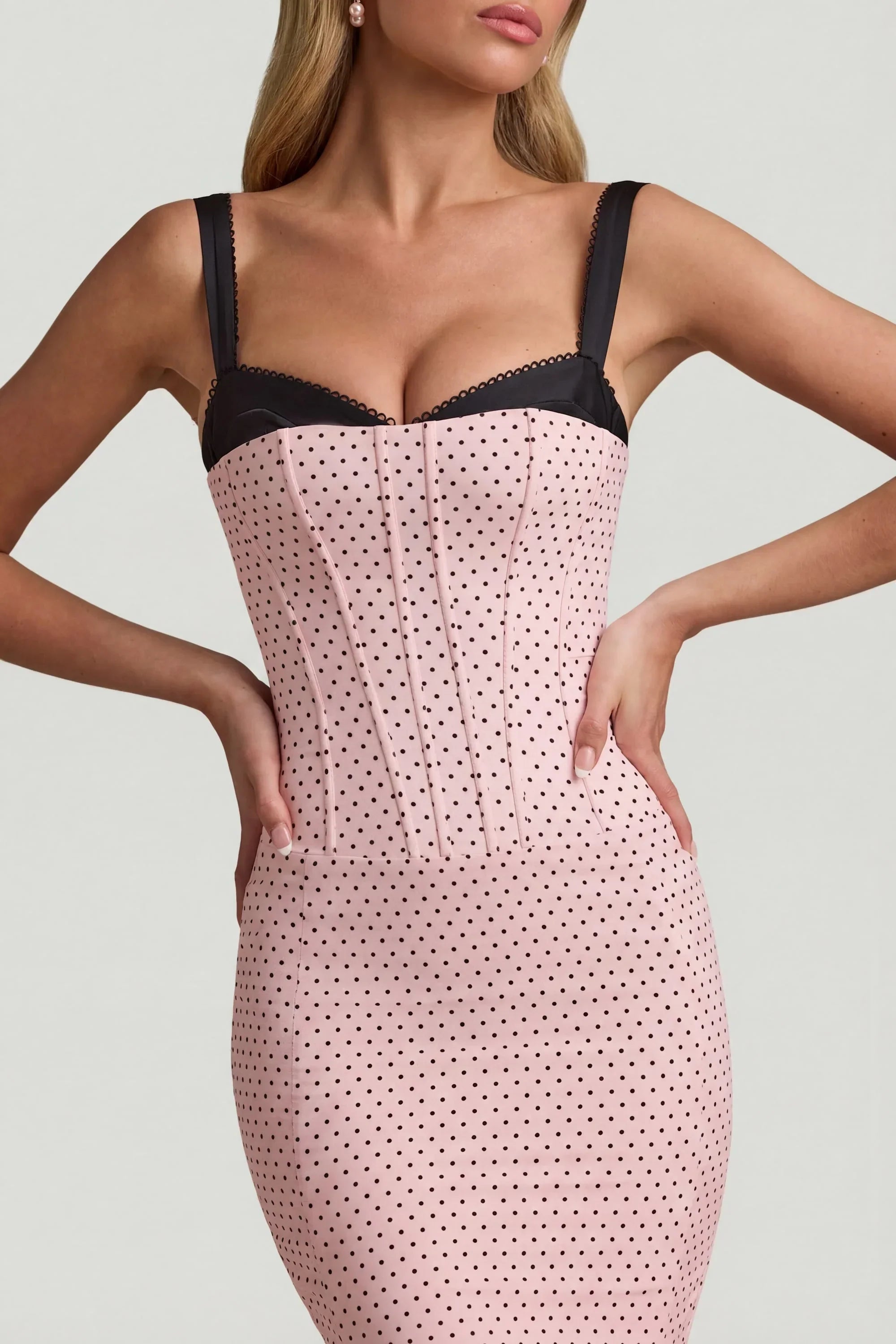 Layered Bra Detail Fishtail Midaxi Dress in Pink Polka Dot