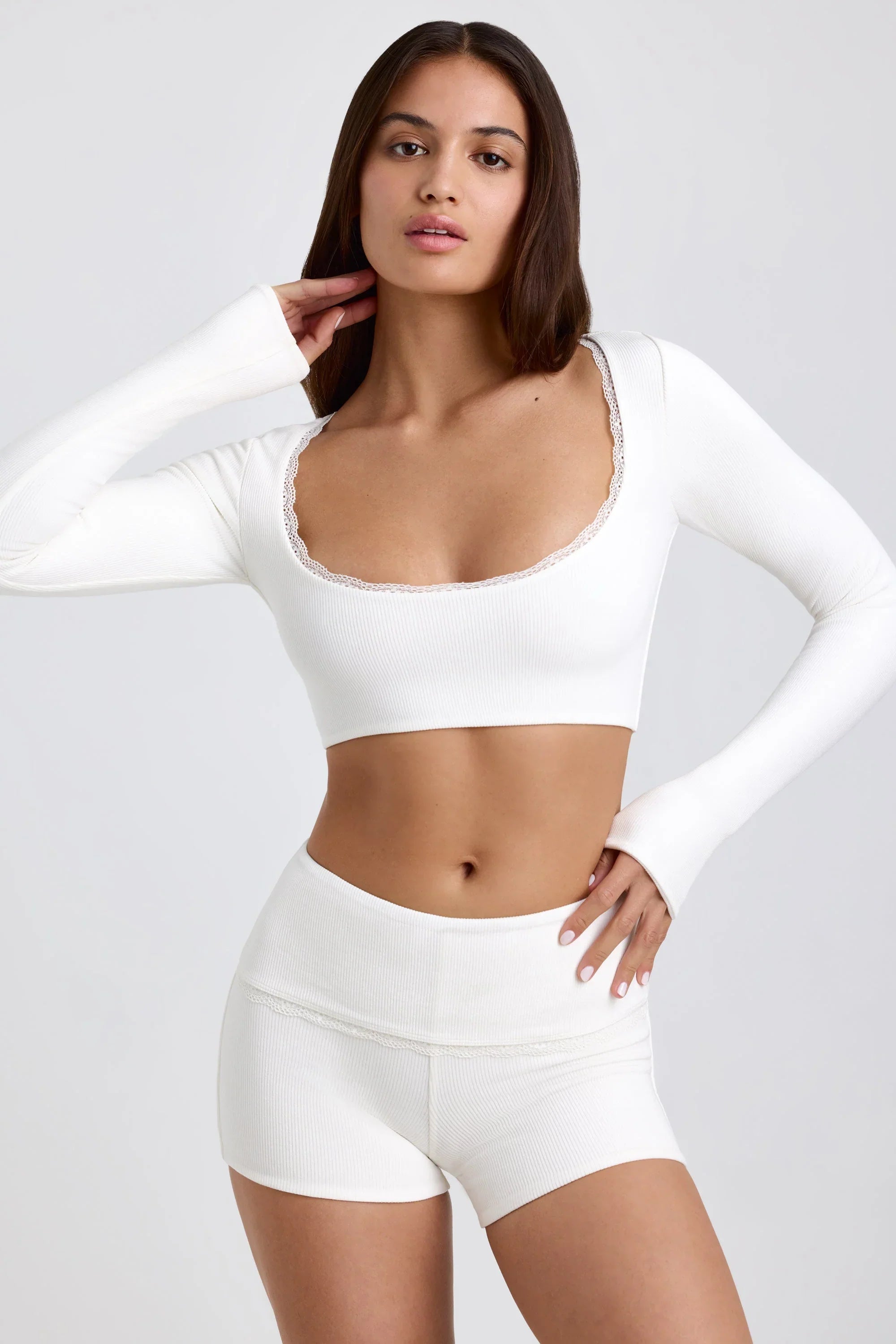 Ribbed Modal Lace Trim Crop Top in White