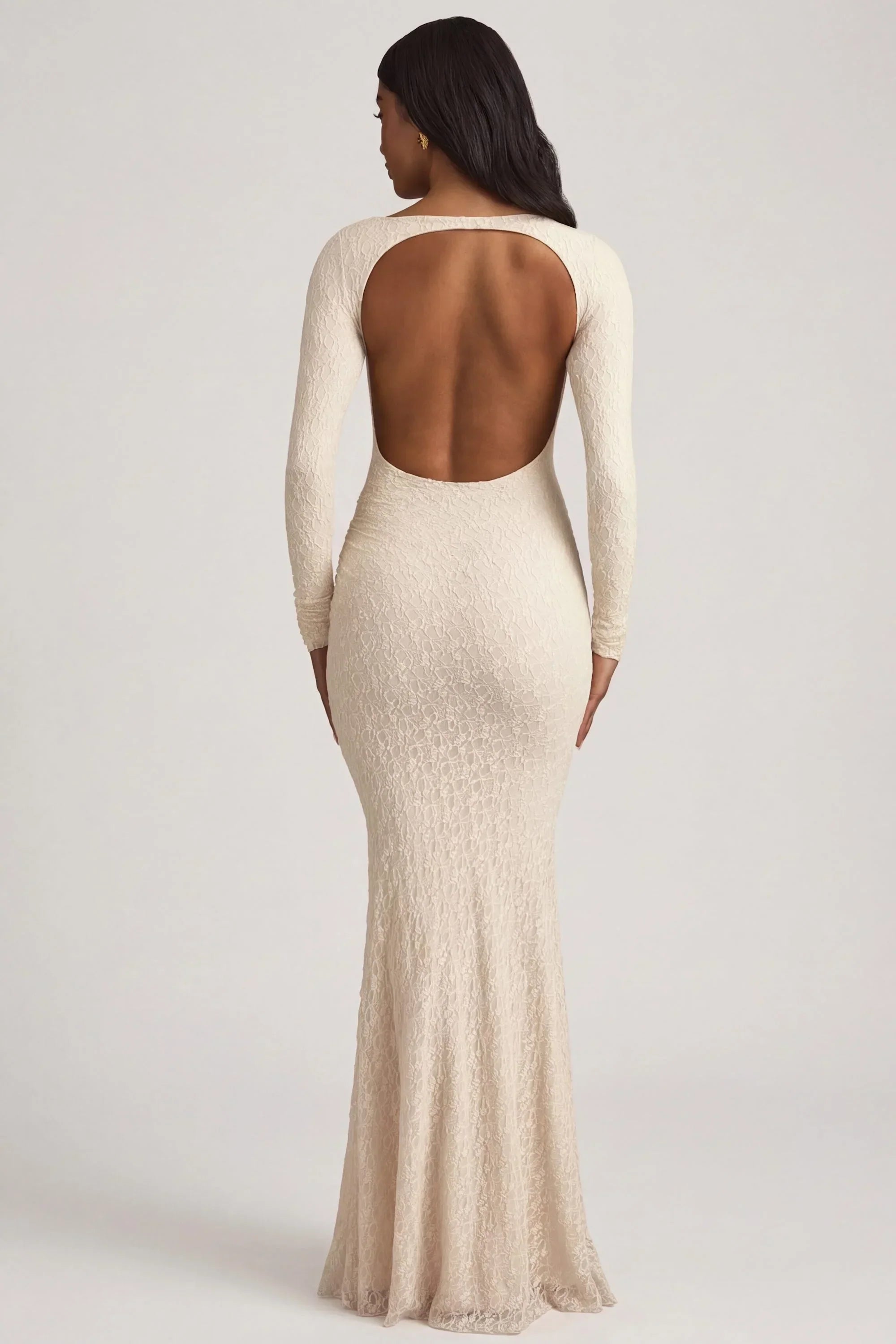 Ruched Backless Lace Maxi Dress in Ivory