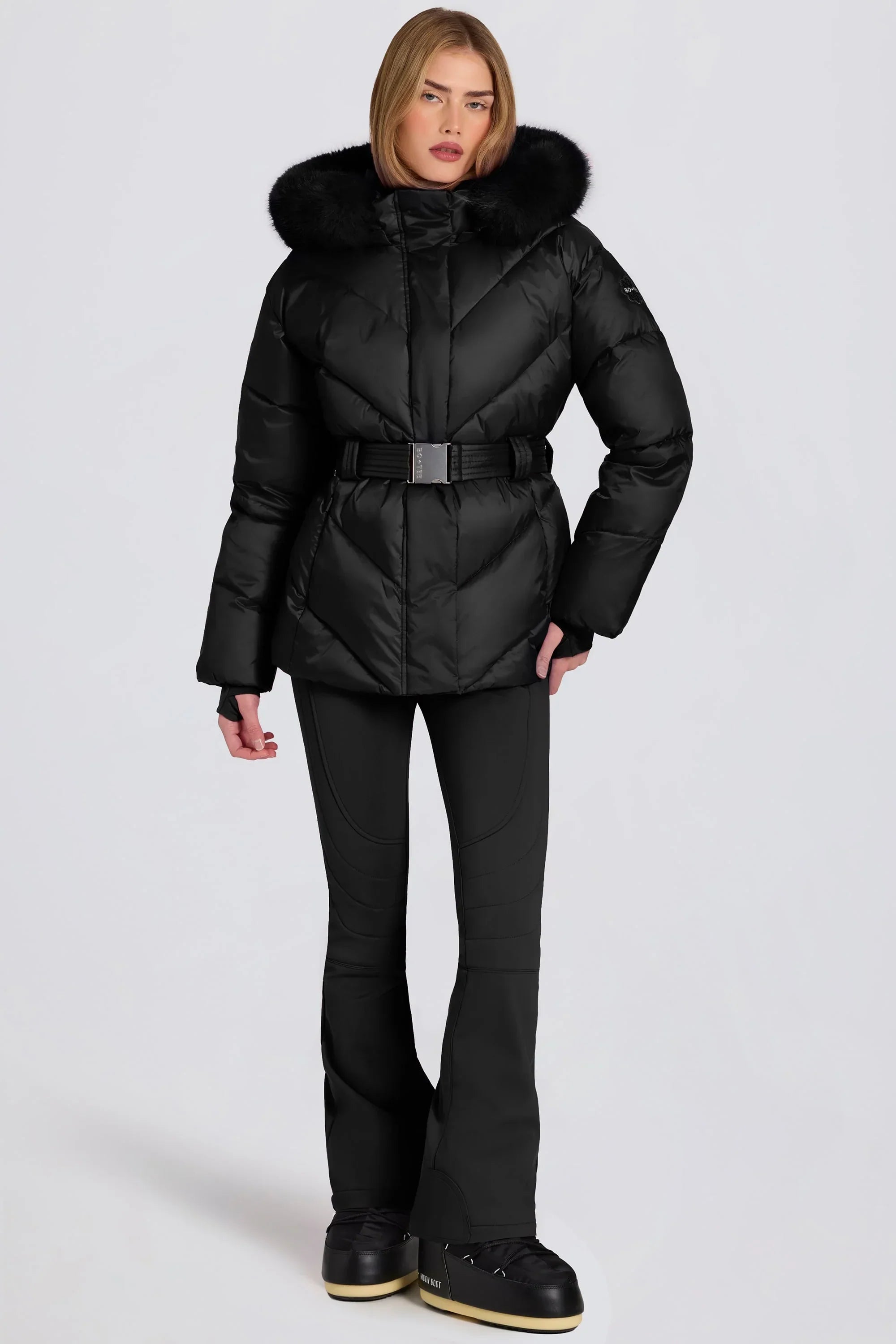 Waterproof Faux Fur Hood Ski Jacket in Black