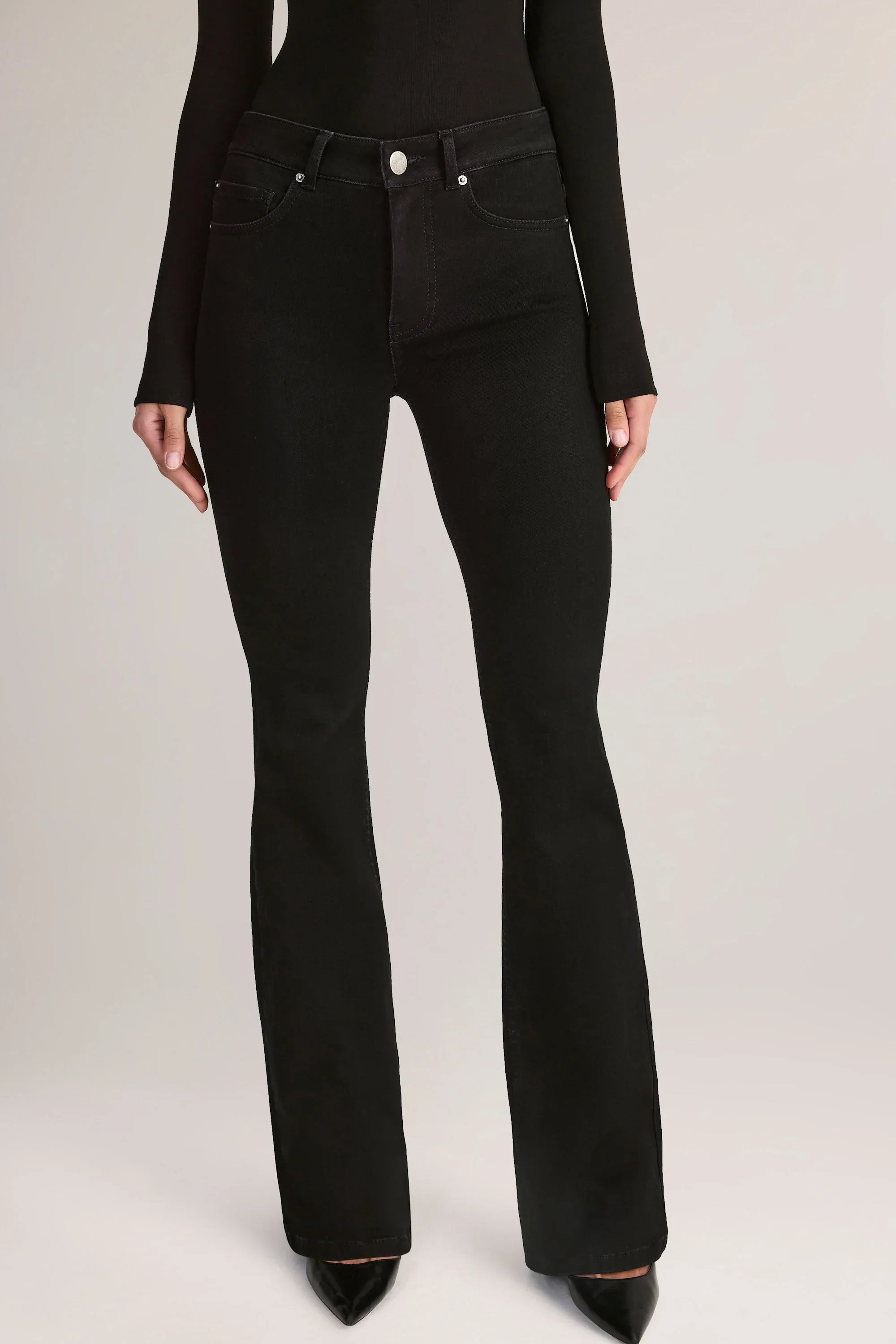 Denim Mid Rise Flared Jeans in Black