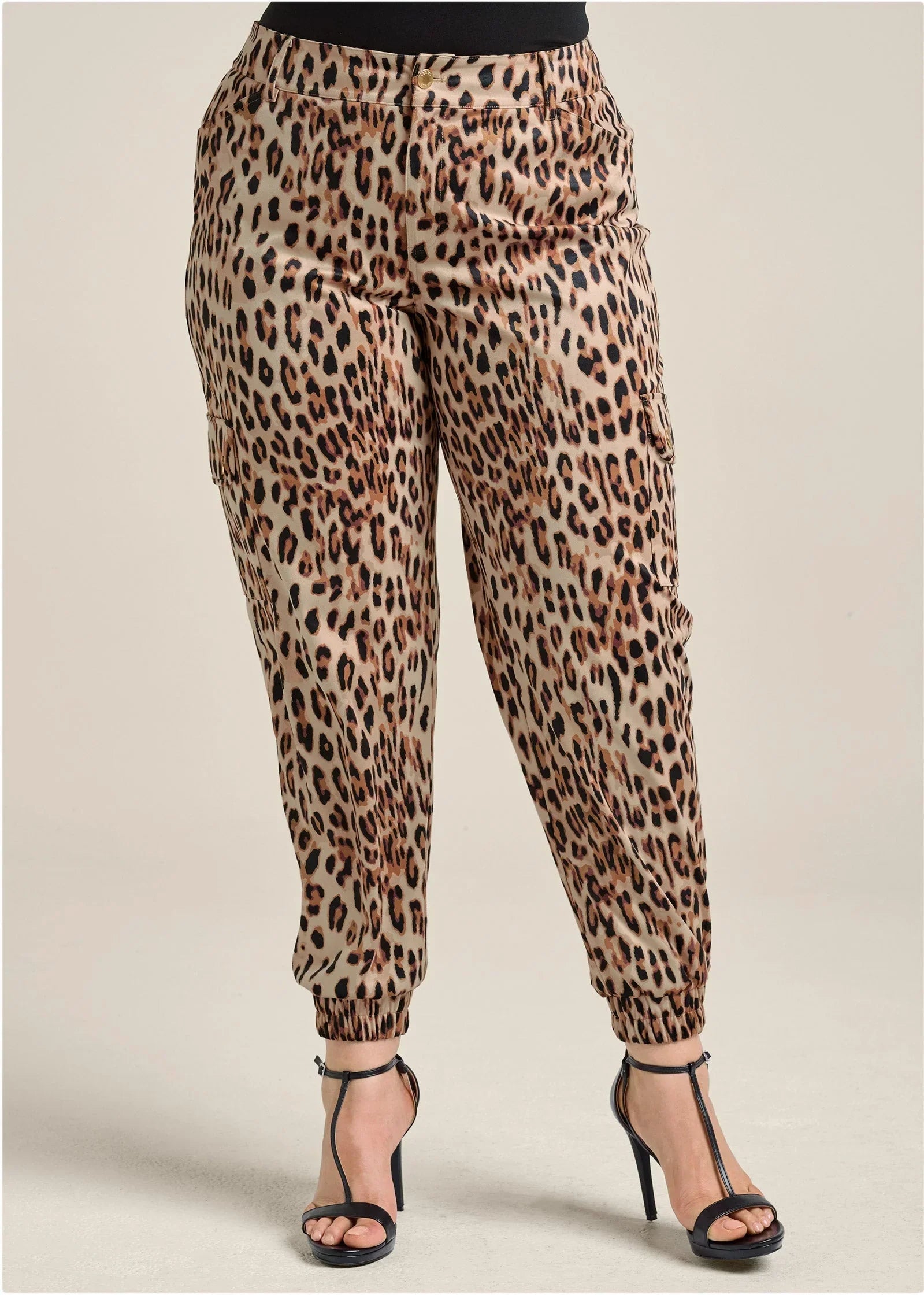 Faux Suede Leopard Print Cargo Pants Brown Multi