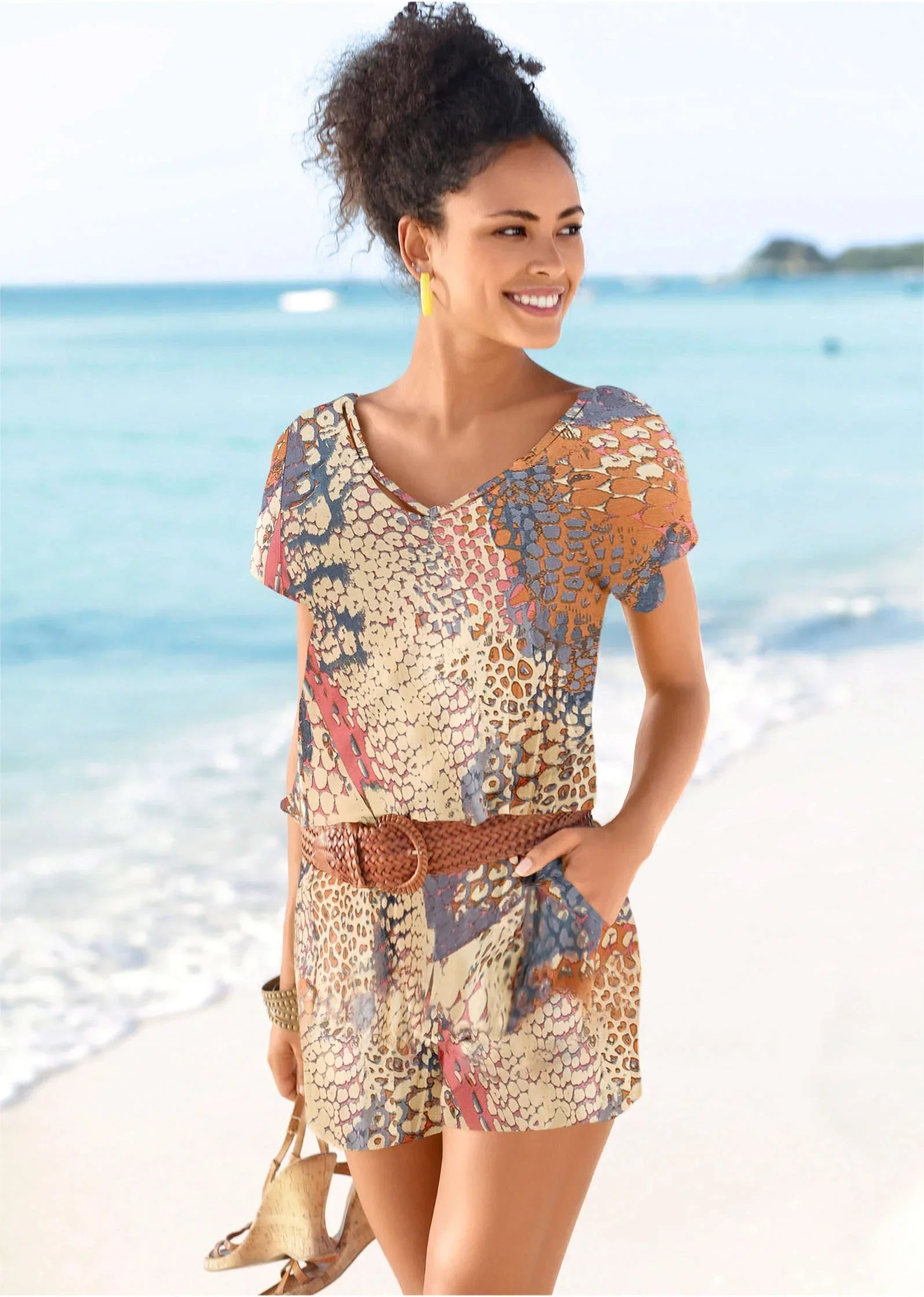 Abstract Mirage V Neck Romper Orange Multi