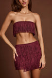Fringed Mid Rise Mini Skirt in Wine Red