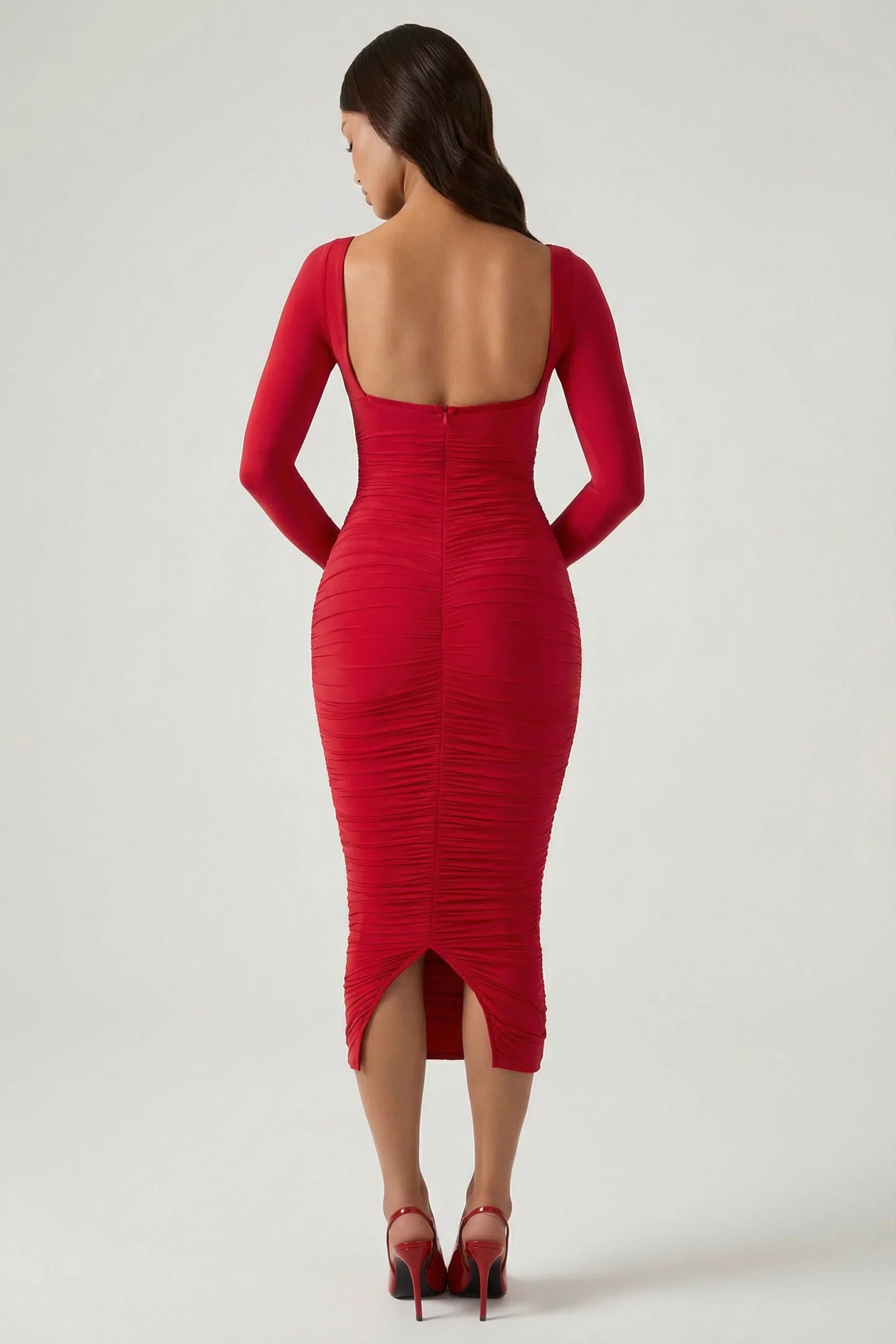 Layered Bra Detail Ruched Midaxi Dress in Red