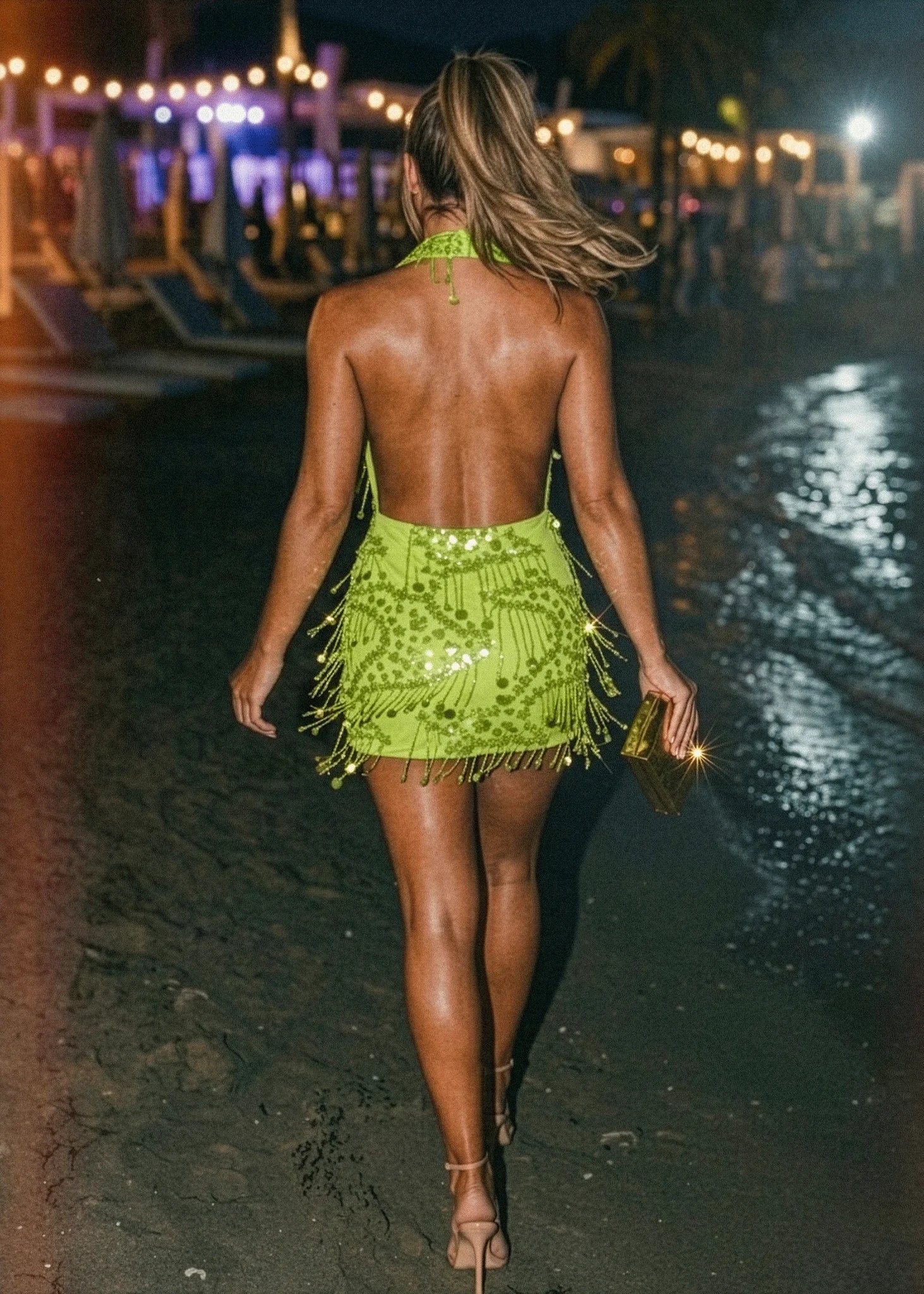 New Vibrations Cowl Tassel Mini Dress Green