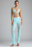 Petite Embellished Mid Rise Flared Trousers in Ice Blue