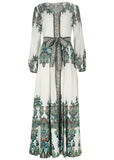 Tie Waist Linen Maxi Dress White Multi