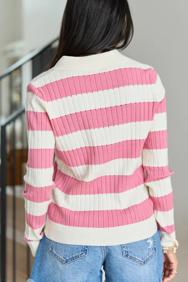 Hillary Pink Striped V Neck Sweater