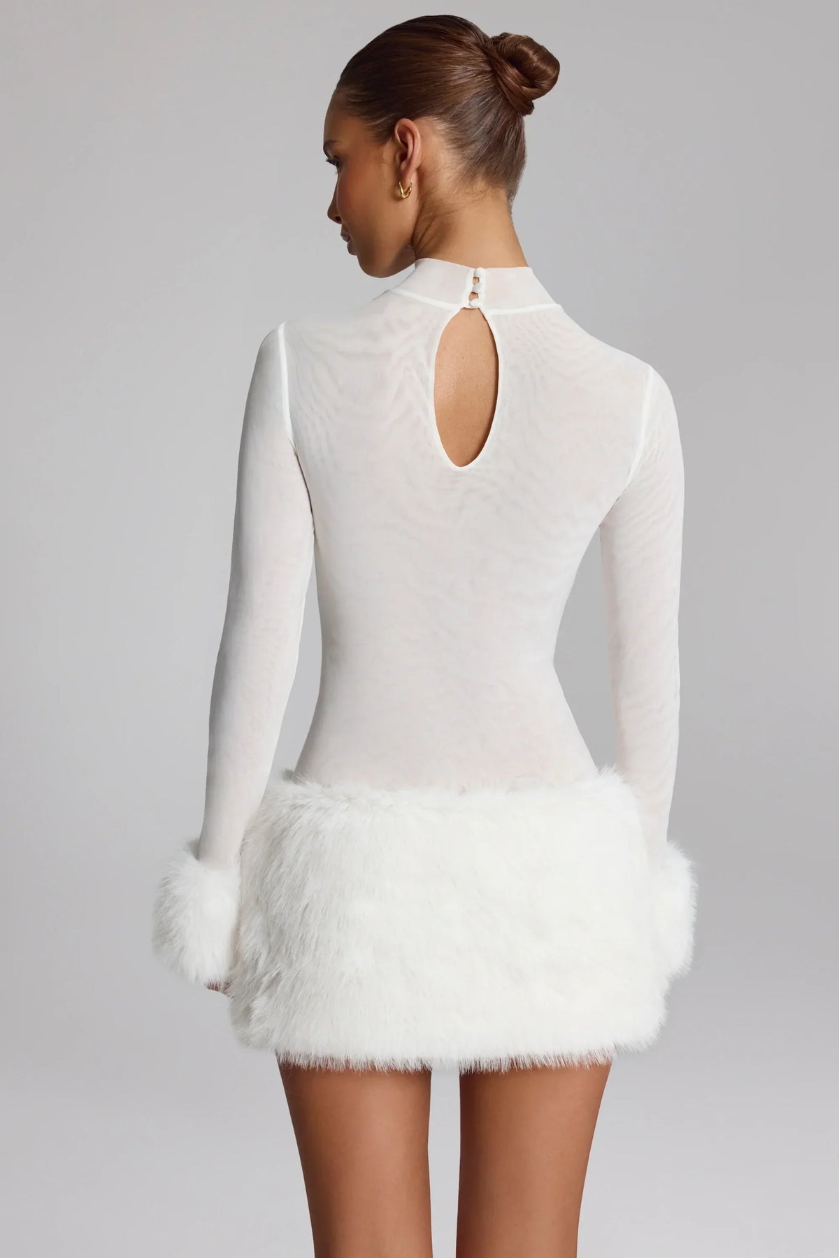 Faux Fur Trim Turtleneck Mini Dress in White