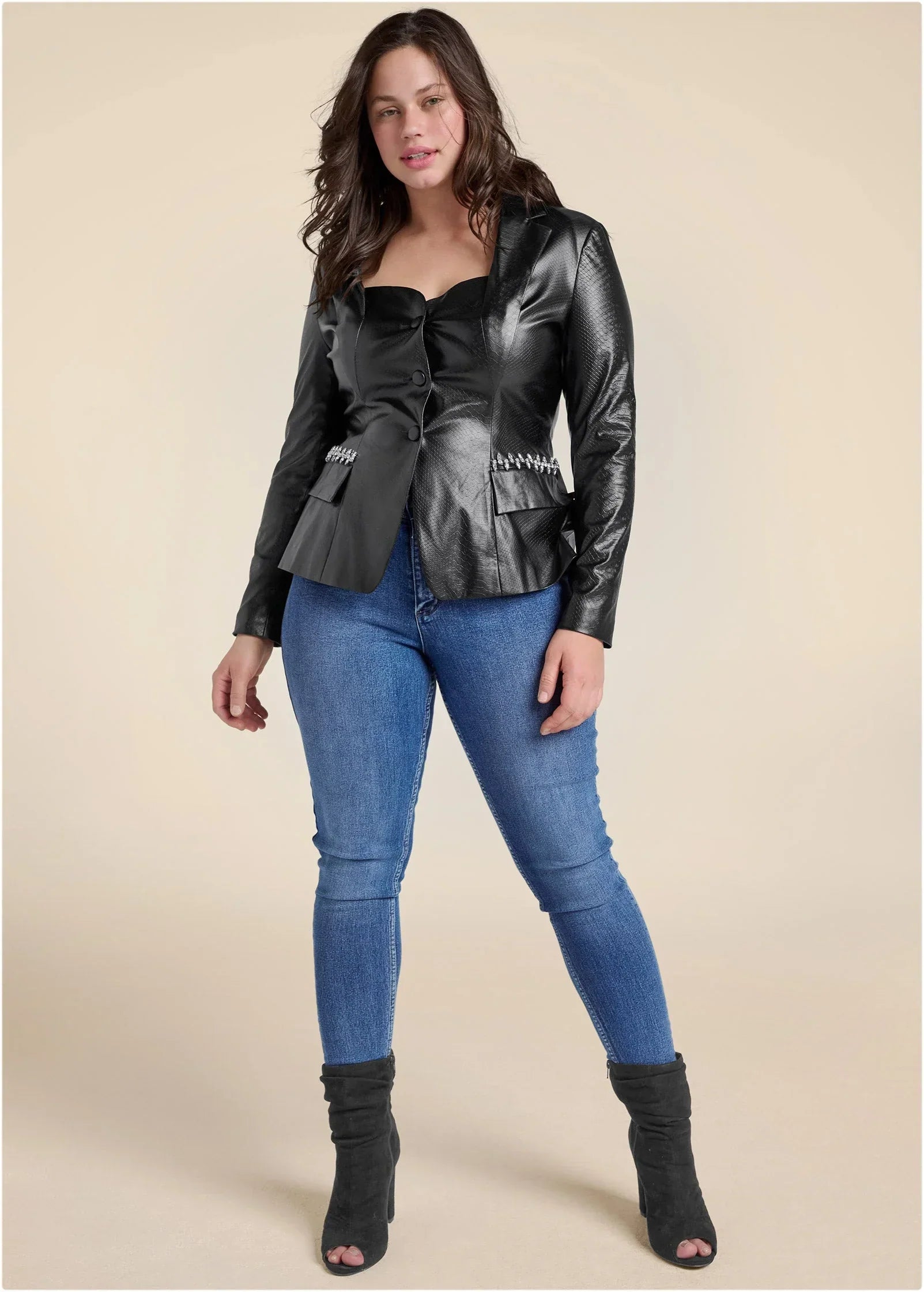 Snake Embossed Faux Leather Embellished Blazer Black