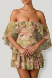 Off Shoulder Ruffled Mini Dress in Floral Multi Print