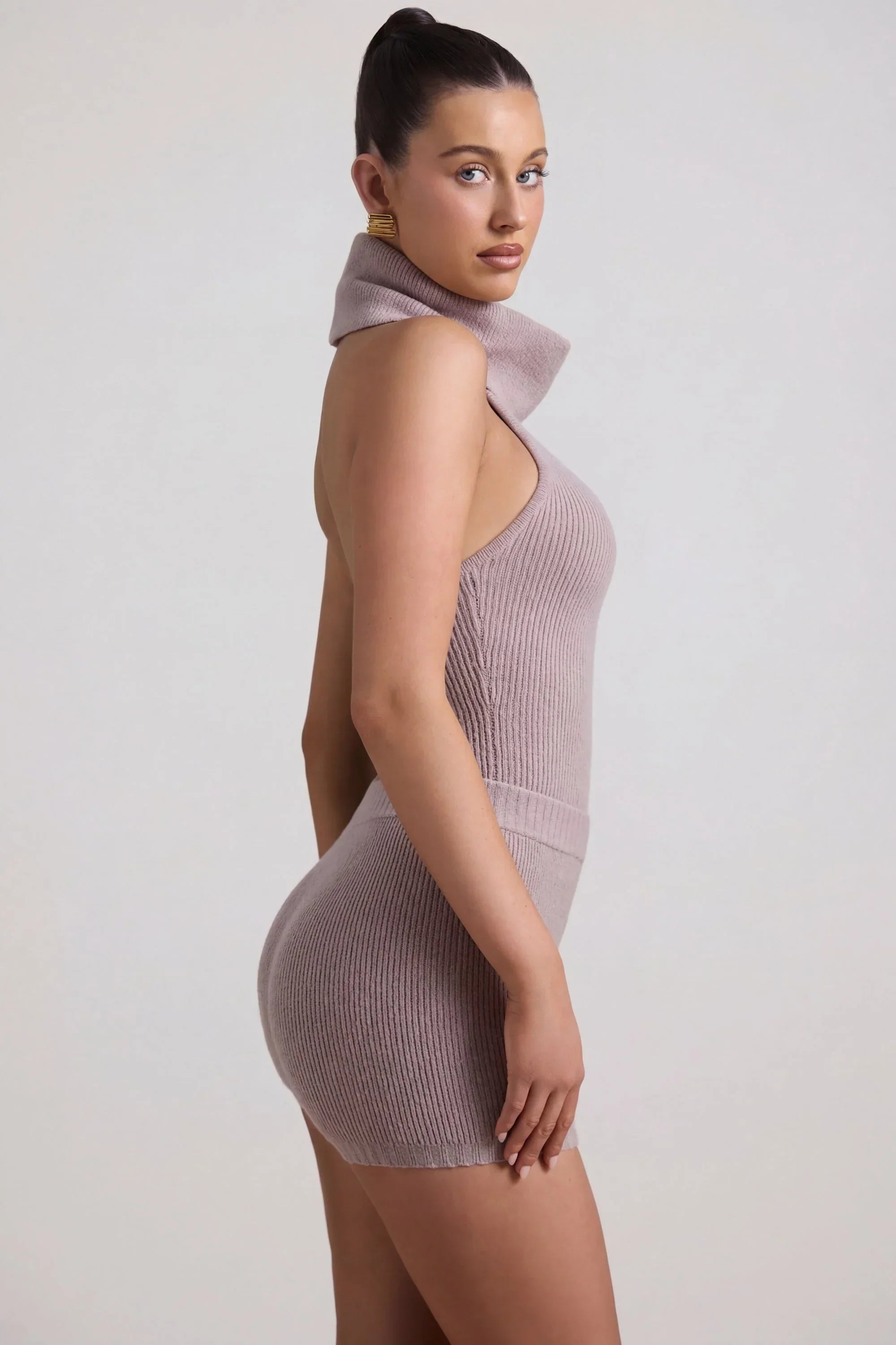 Ribbed Knit Turtleneck Backless Top in Taupe