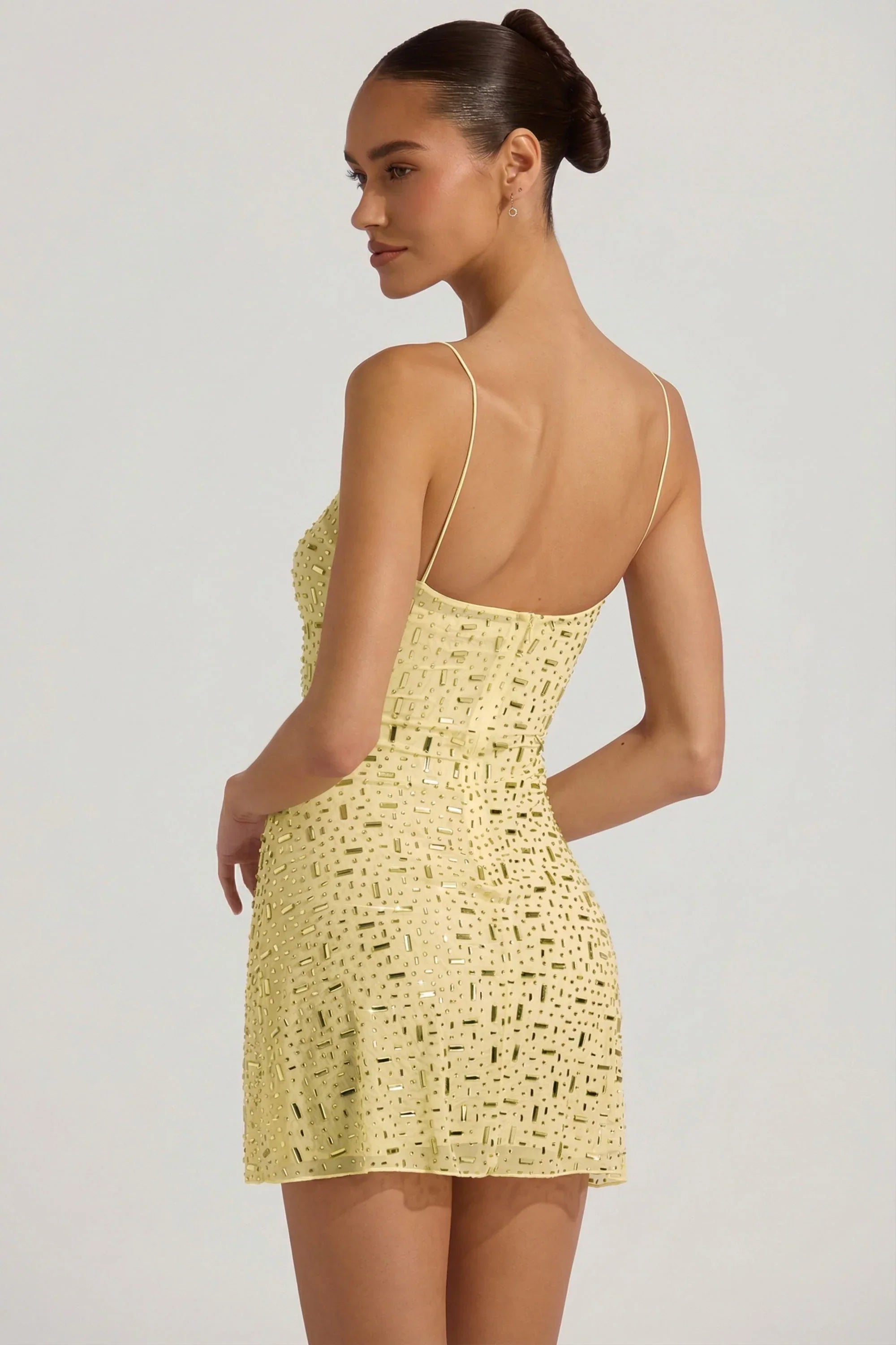 Sheer Embellished Square Neck Mini Dress in Yellow