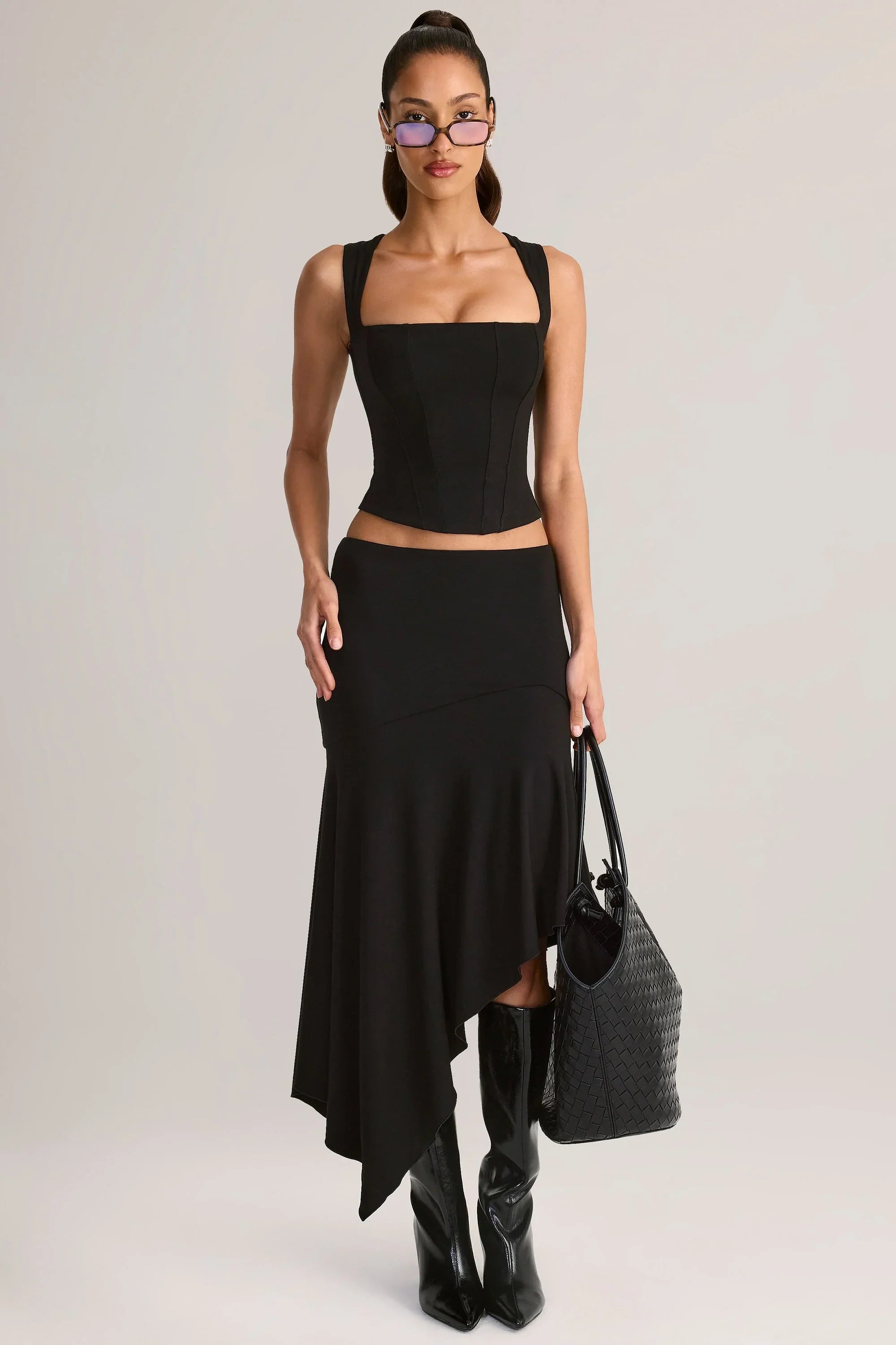 Modal Low Rise Asymmetric Midaxi Skirt in Black