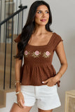 Sloane Brown Embroidered Floral Babydoll Top
