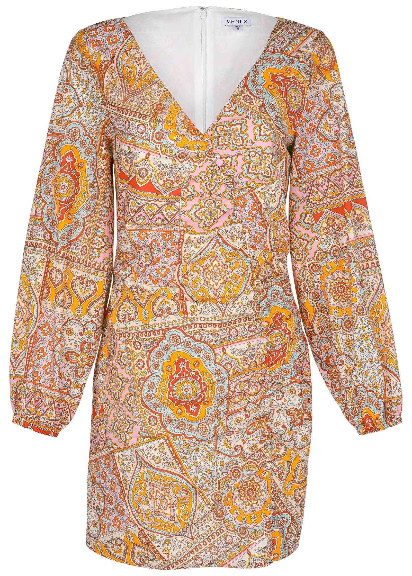 Balloon Sleeve Mini Dress Medallion Golden Patchwork