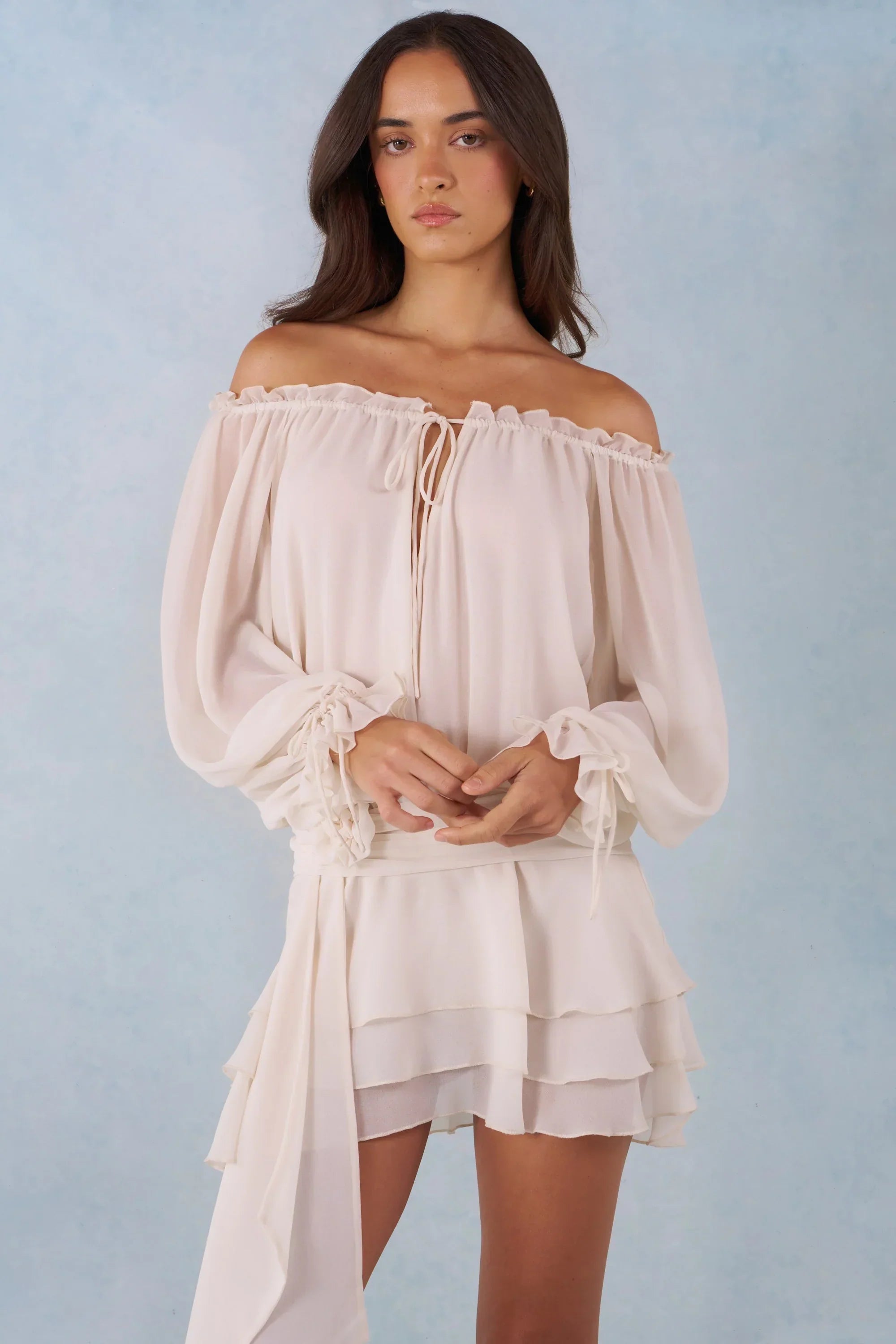 Off Shoulder Balloon Sleeve Mini Dress in Ivory